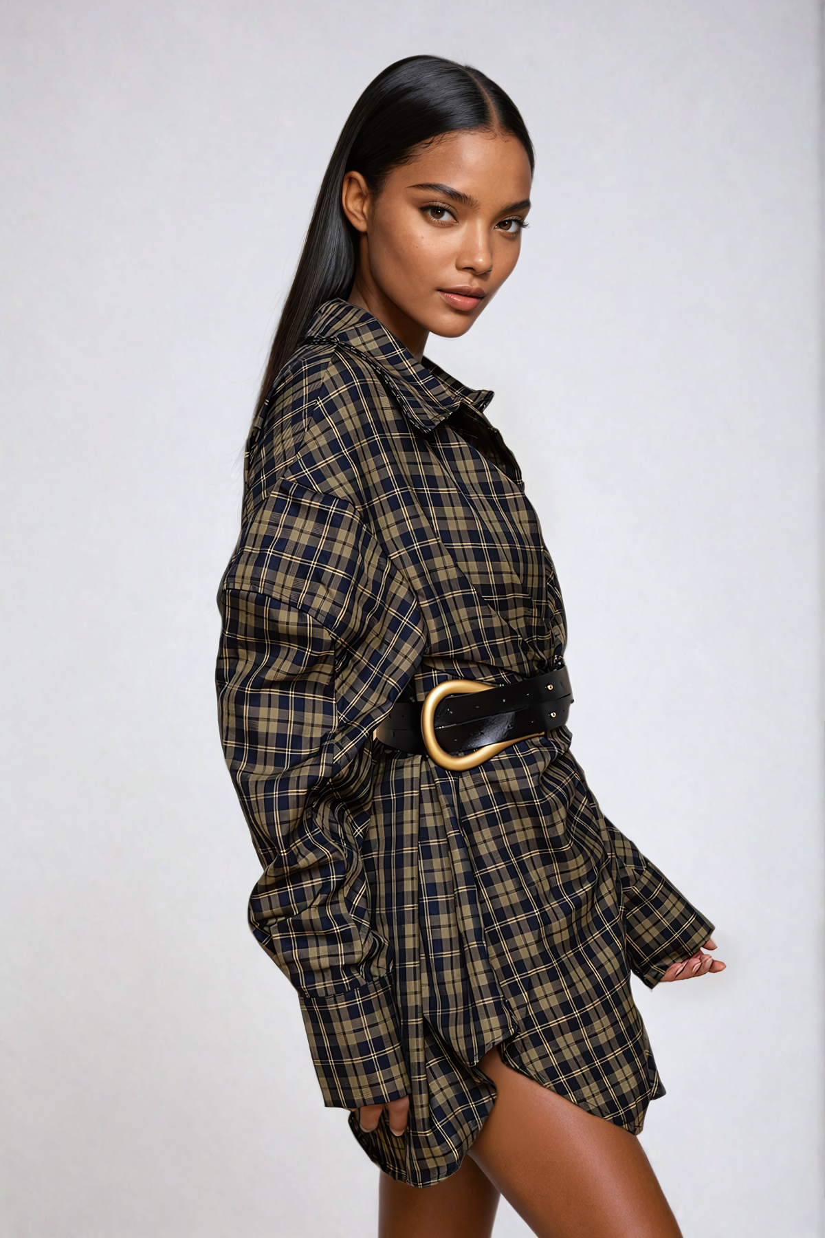 Yamini Grid Buckle Shirt Mini Dress