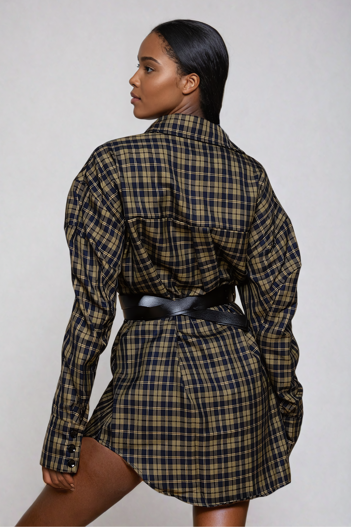 Yamini Grid Buckle Shirt Mini Dress