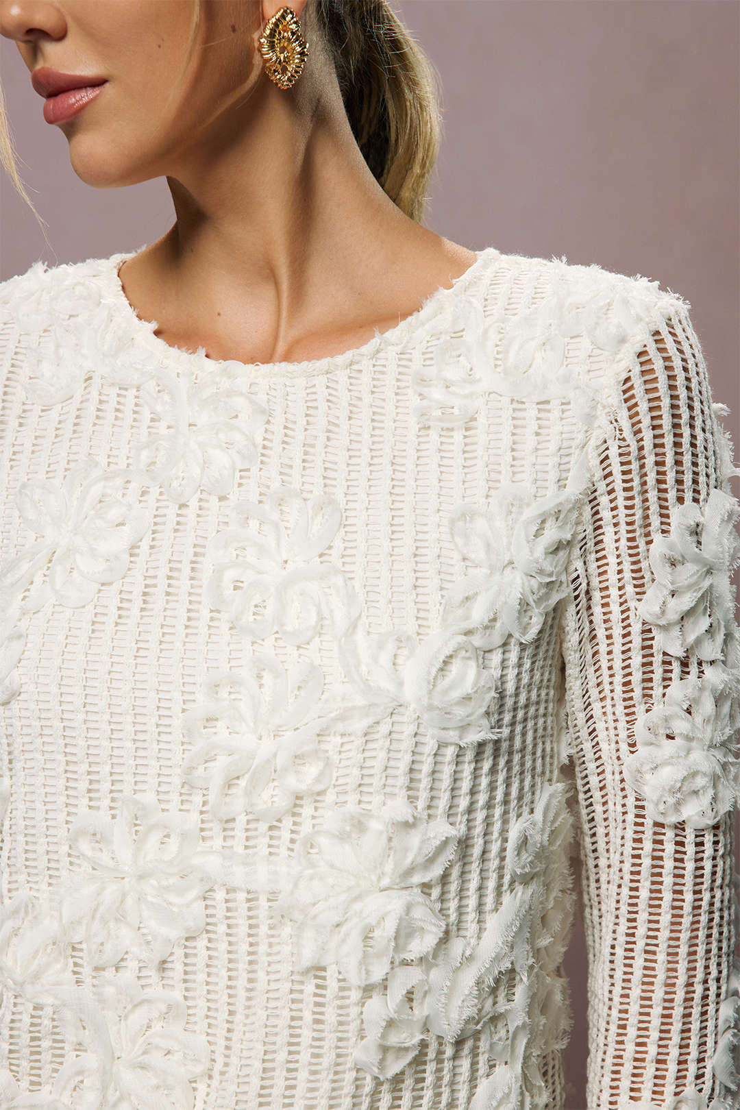 3D Floral Tie-Back Long-Sleeve Top