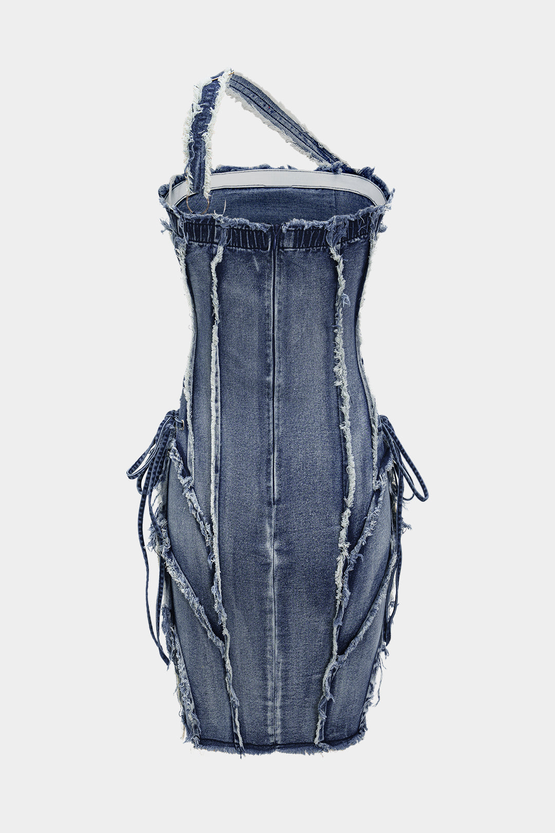 Asymmetric frayed denim mini dress