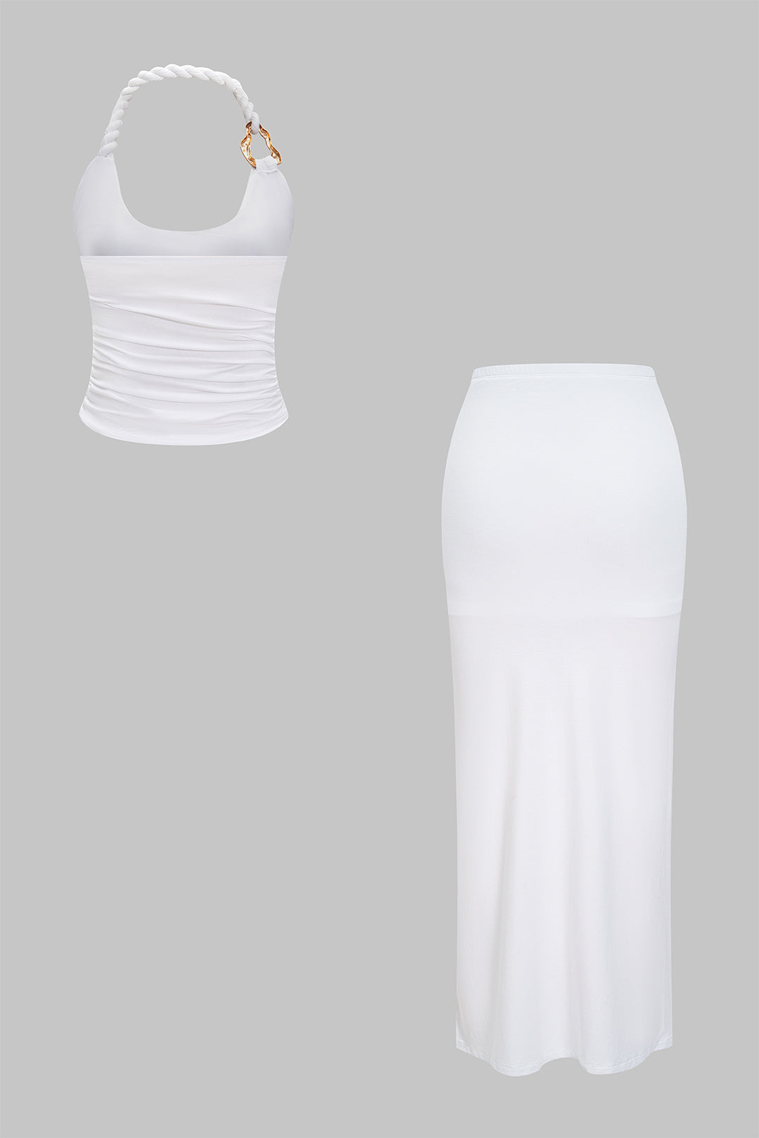 Asymmetrical Twist Knot Metallic Skirt Set