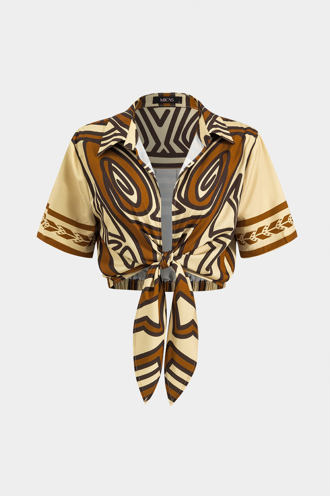 Bohemian print tie front short sleeve shirt