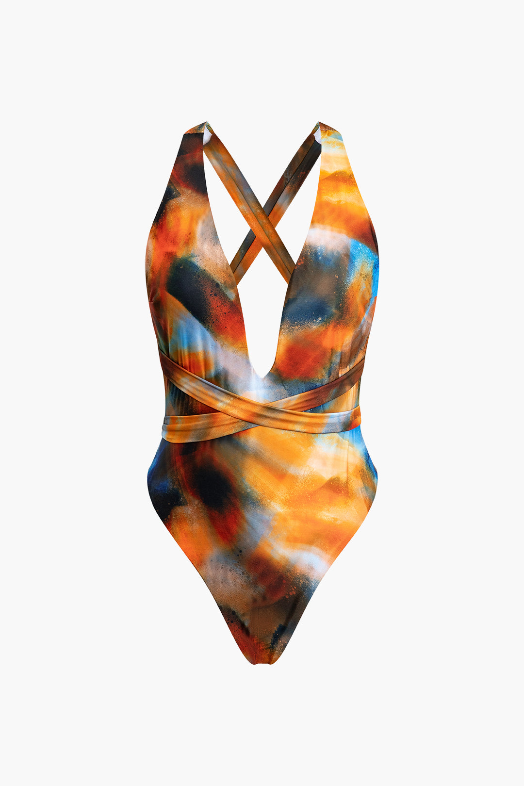 Abstract Print V-Neck Cross Back Tie-Down Swimsuit and Mesh Mini Sarong Skirt Set