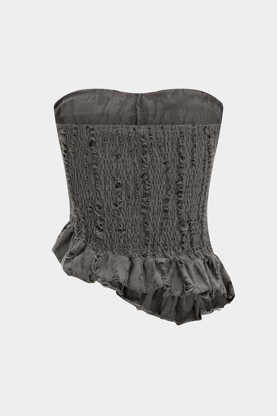 Asymmetric ripped strapless ruffle tube top