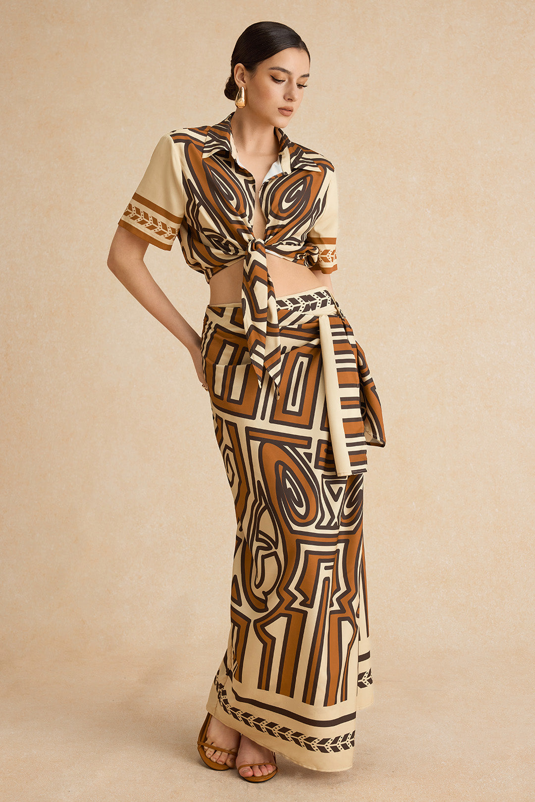 Abstract Geometric Bohemian Print Ruffles Tie Twist Twist Knot Zipper Closure