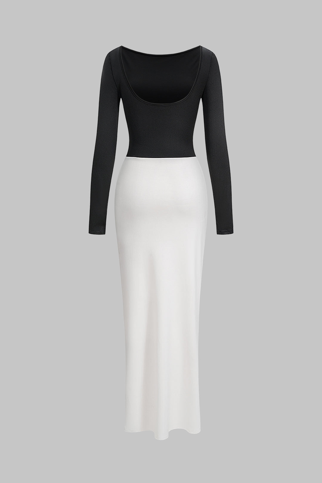 Boat Neck Contrast Backless Ruched Long Sleeve Maxi Dress