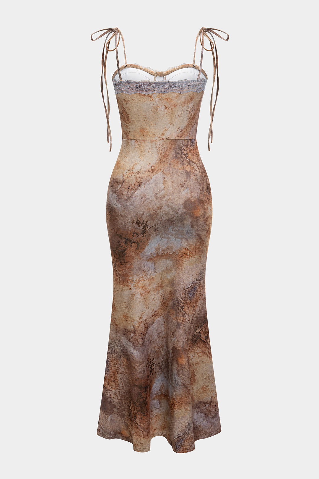 Abstract Print Lace Bustier Patchwork Tie-Up Slip Sleeveless Maxi Dress