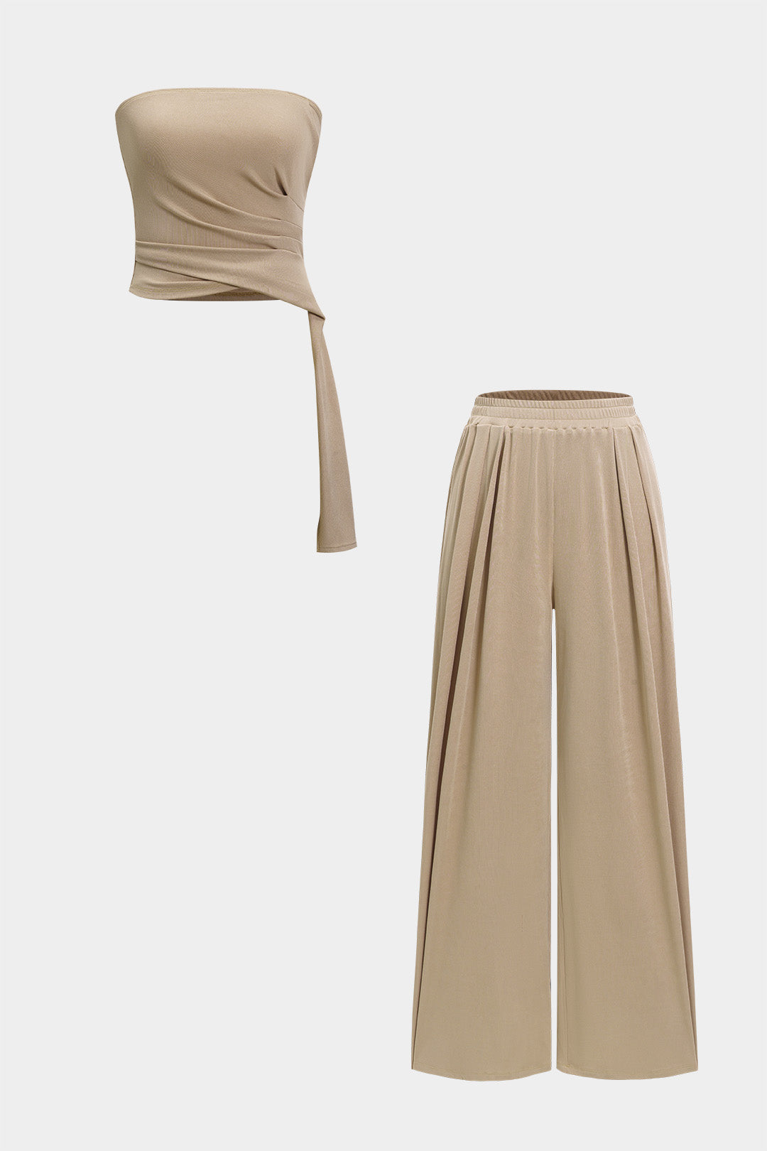 Asymmetric ruffle tube top and high-waisted pants set
