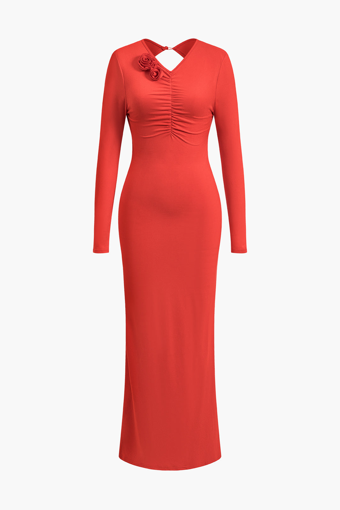 3D Flower Ruched Backless Slit Maxi Dress with Long Sleeves