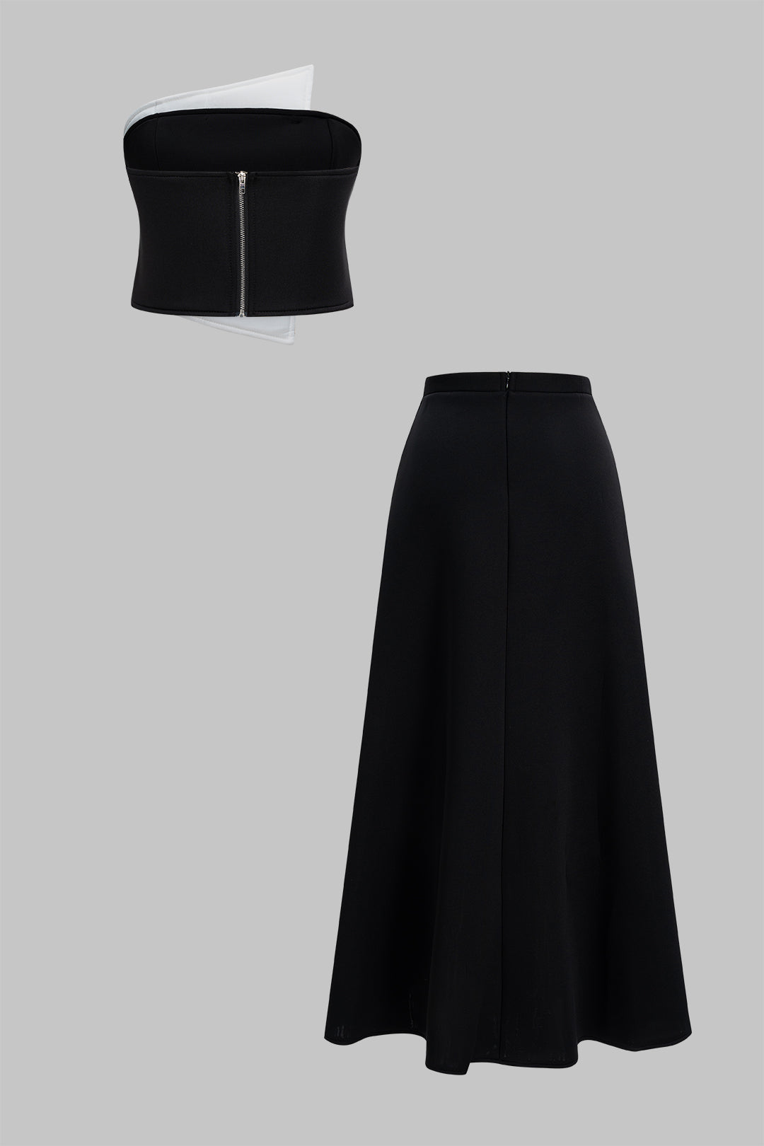 Asymmetrical Metallic Button Wrap Tube Top And High Waist Zipper Skirt Set