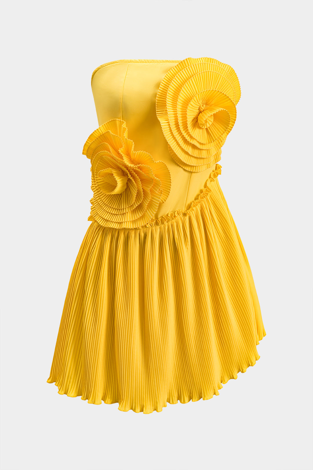 3D floral pleated strapless mini dress