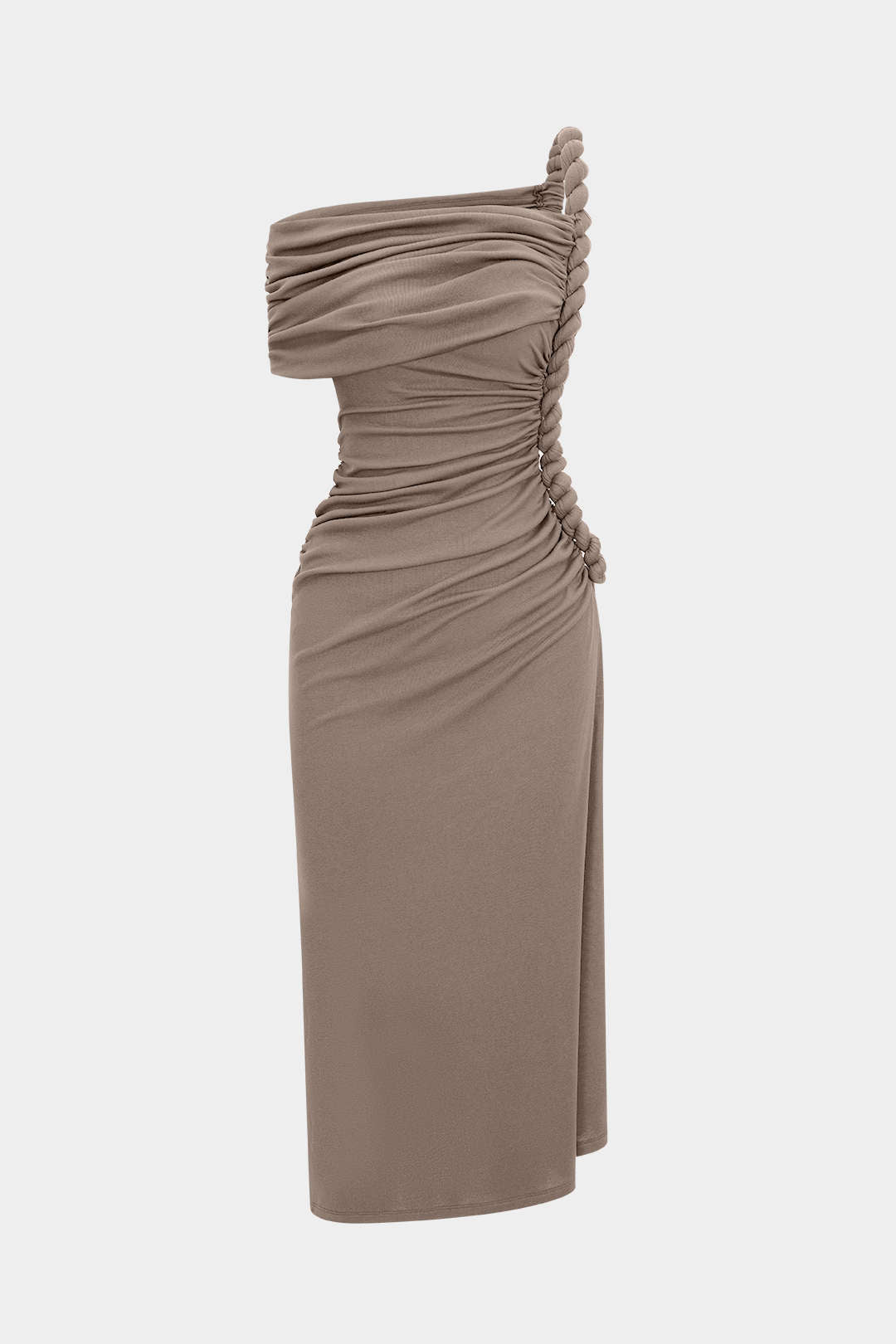 Asymmetrical Shoulder Ruched Twist Knot Sleeveless Maxi Dress