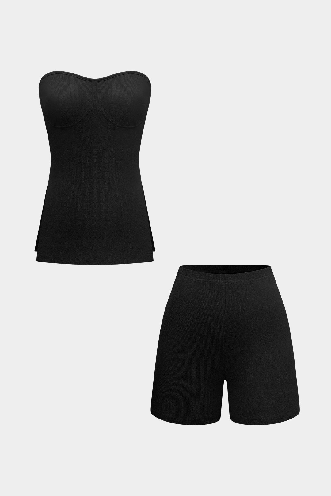 Basic Solid Breath Split Strapless Top and Shorts Set