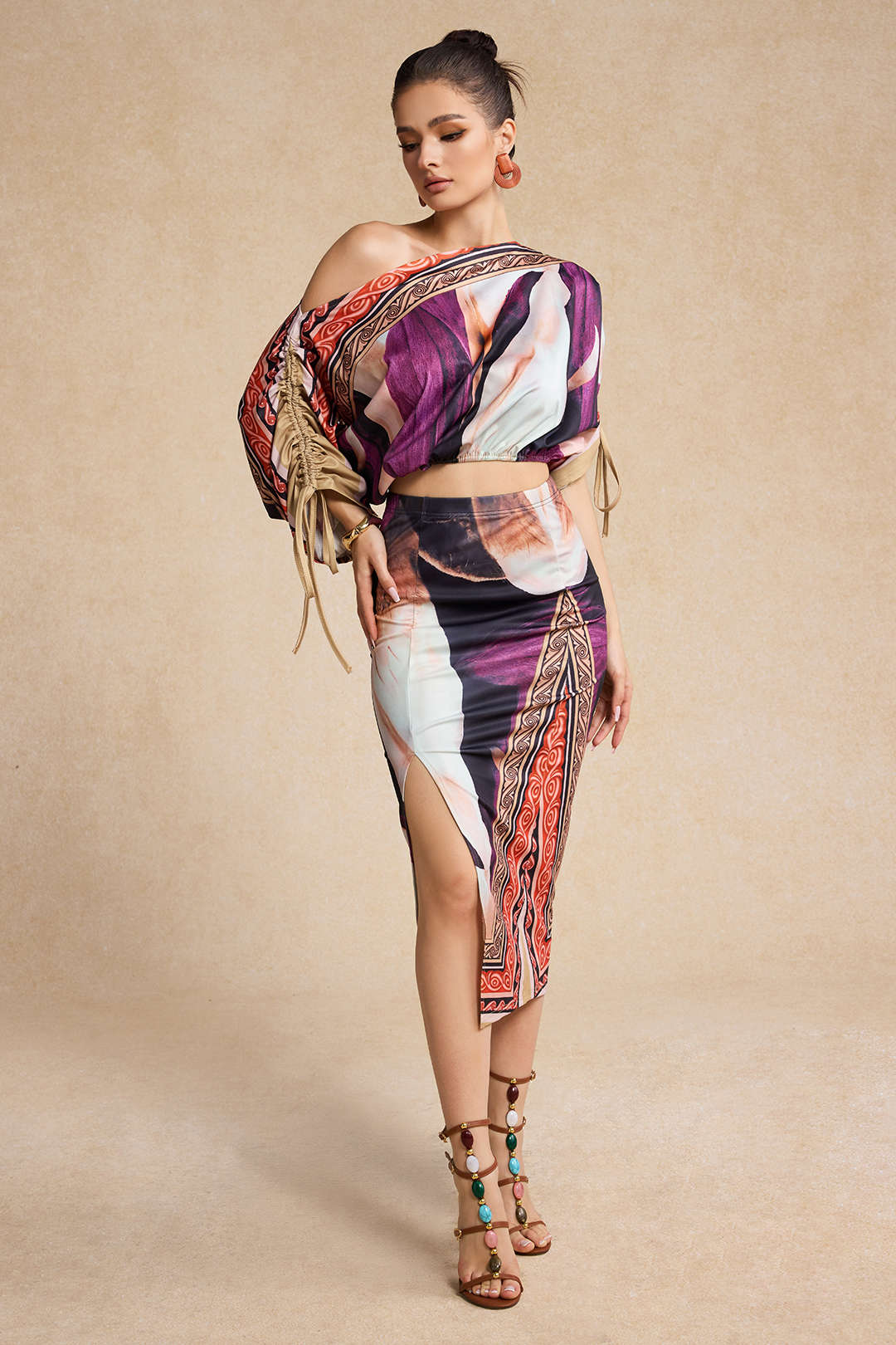 Summary Floral Print Long Sleeve Top and MIDI Skirt Set