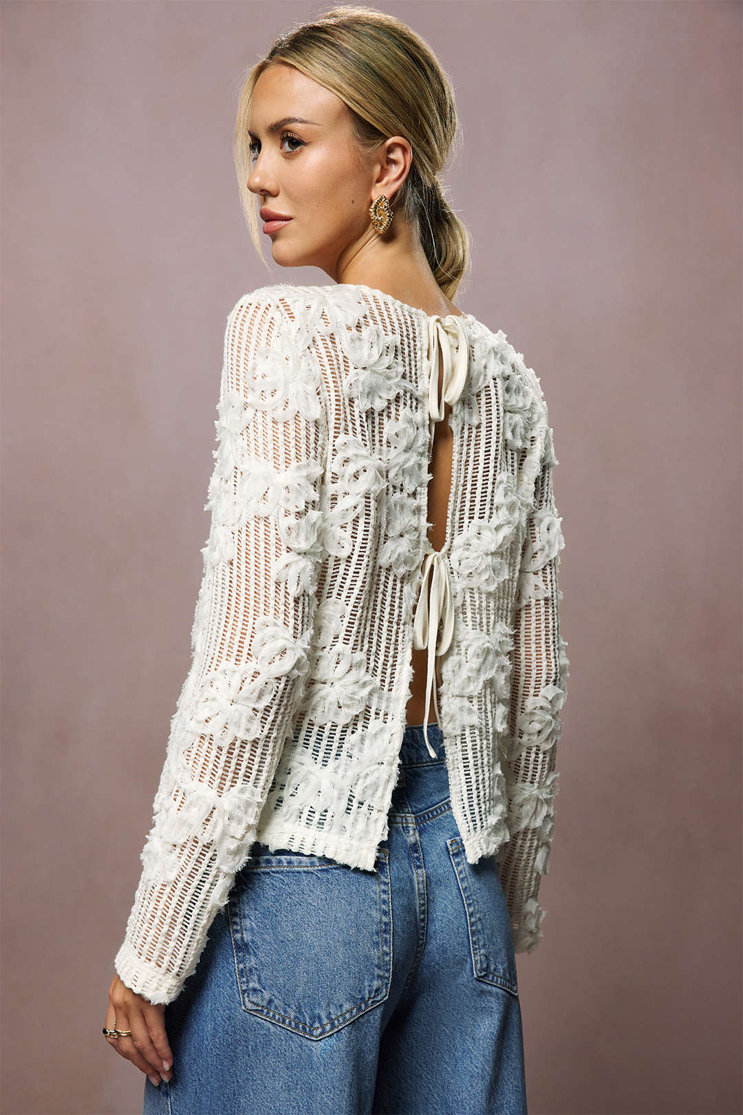 3D Floral Tie-Back Long-Sleeve Top