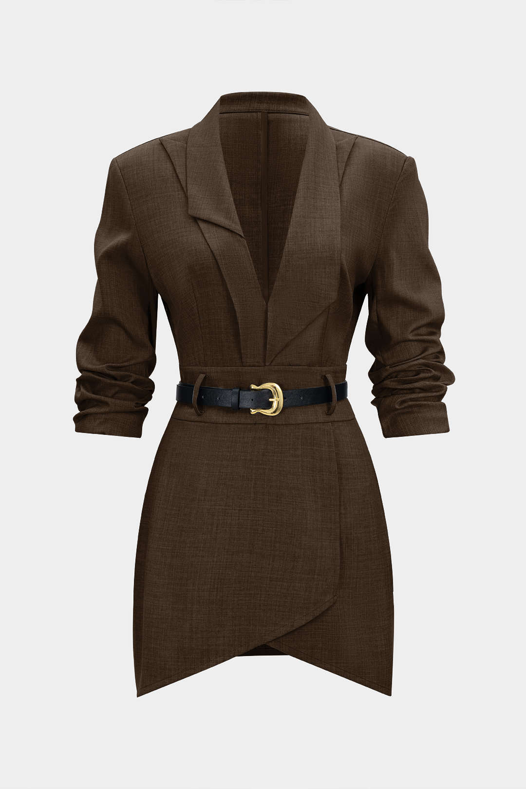 Asymmetrical Notched Lapel Belted Long Sleeve Mini Dress