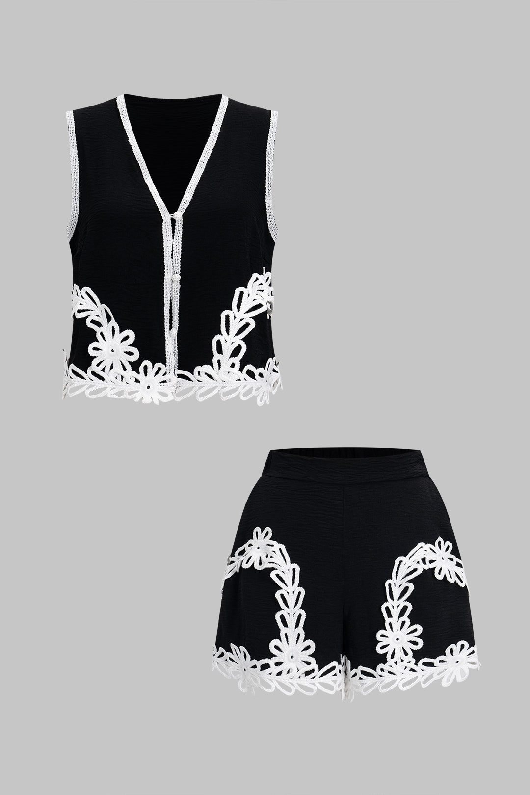 3D Floral Embroidery Contrast Vest And Shorts Set