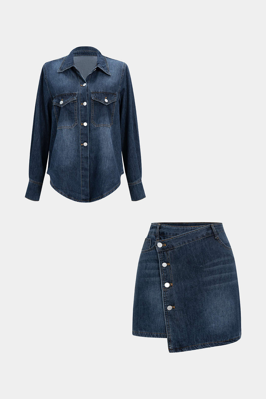 Denim Button Long-Sleeve Top And High Waist Mini Skirt Set