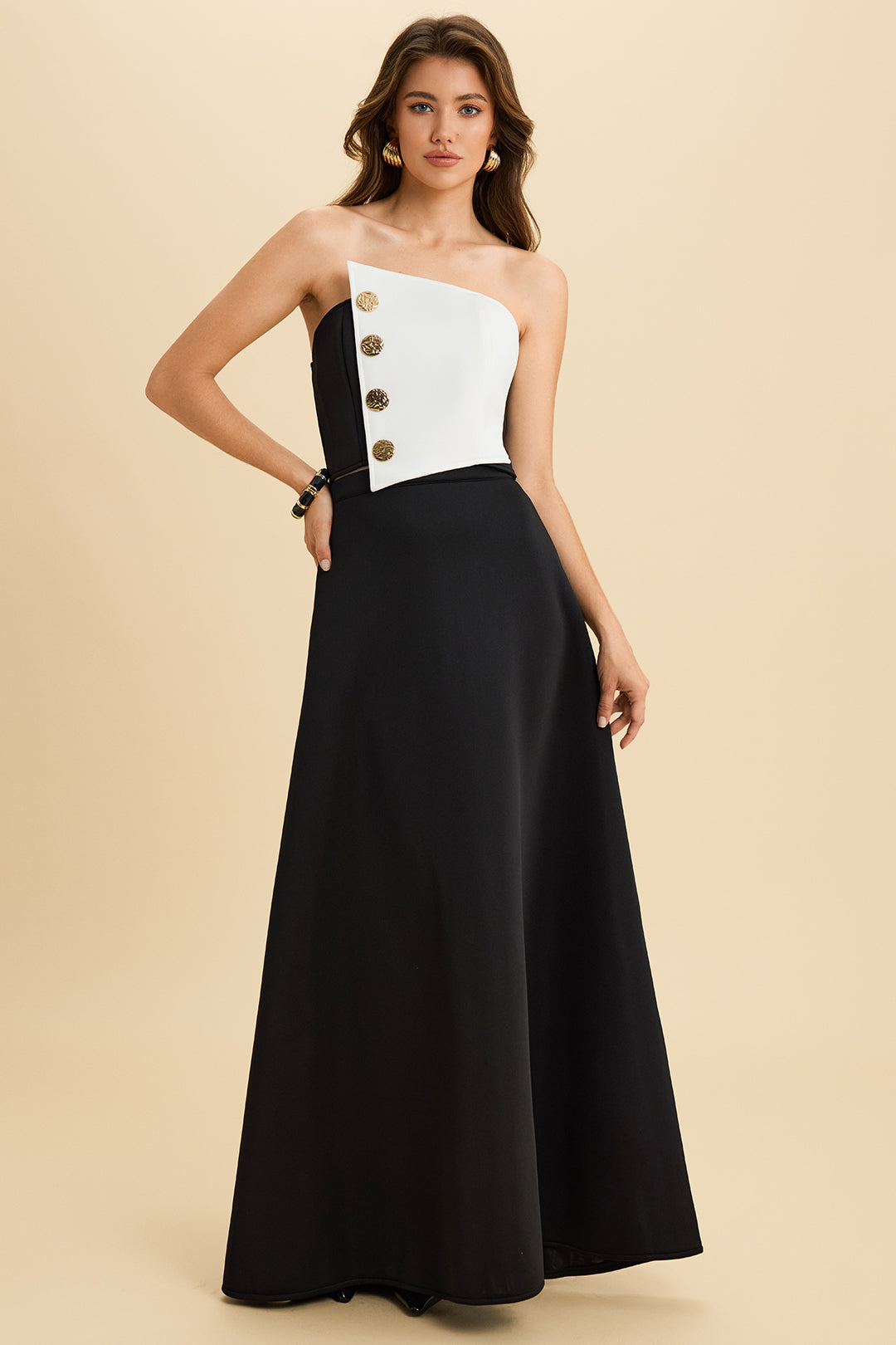 Asymmetrical Metallic Button Wrap Tube Top And High Waist Zipper Skirt Set