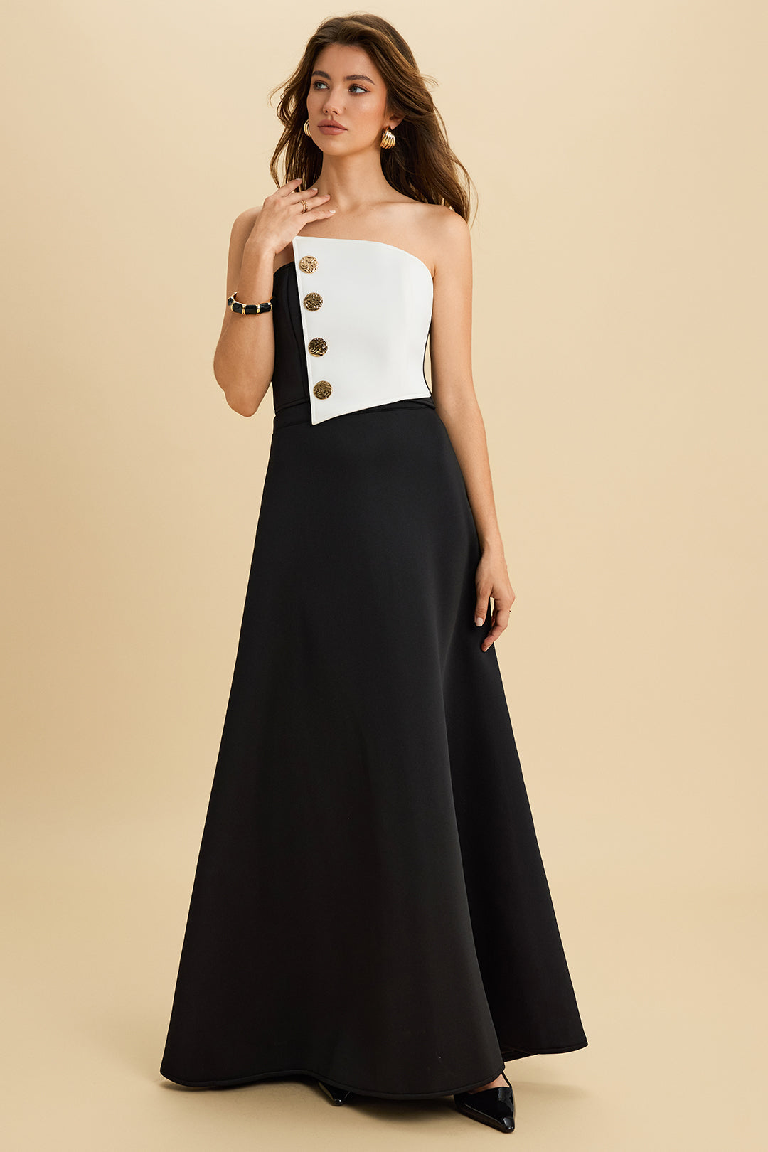 Asymmetrical Metallic Button Wrap Tube Top And High Waist Zipper Skirt Set