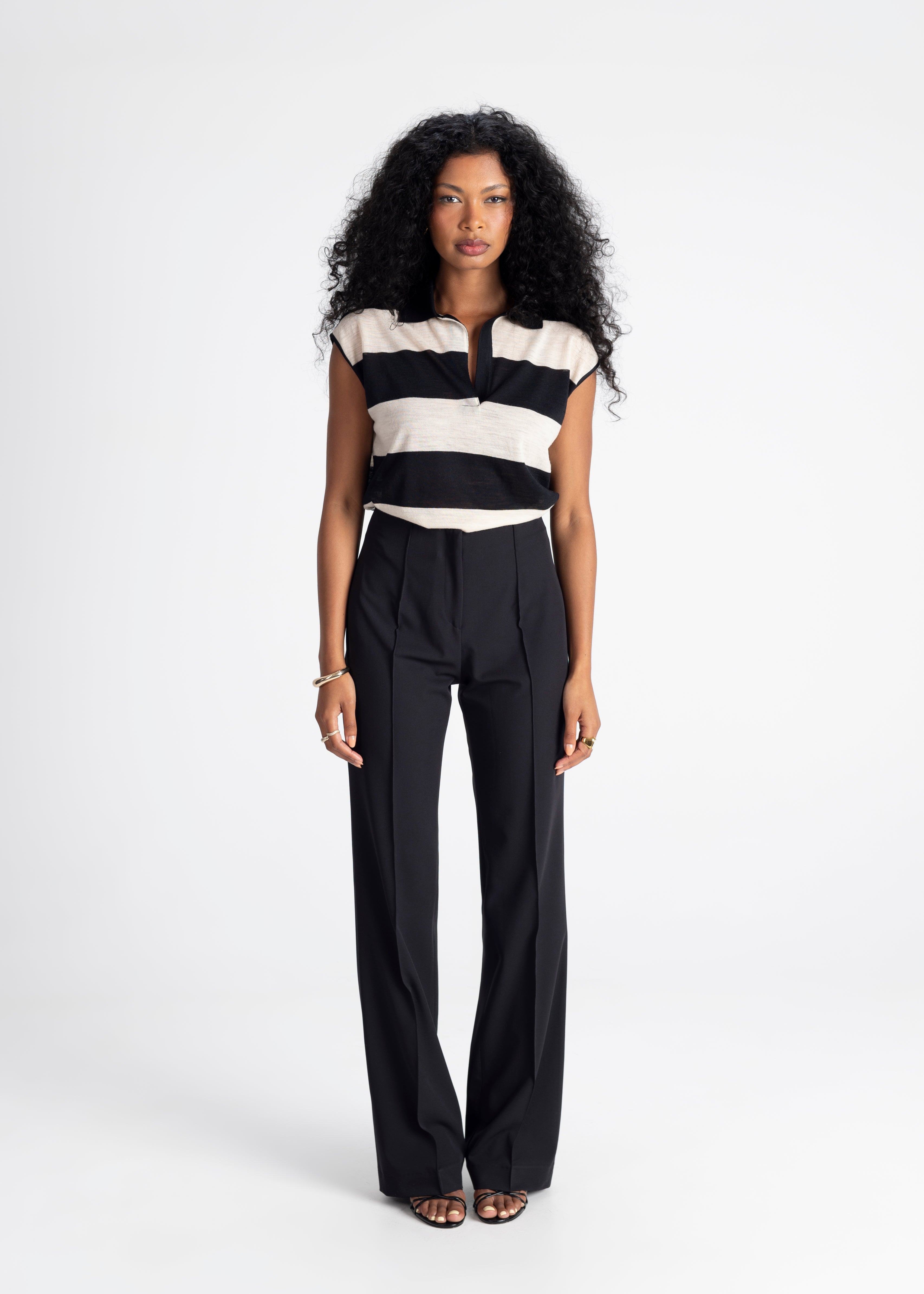 Sleeveless Wool Polo Top - Stripes