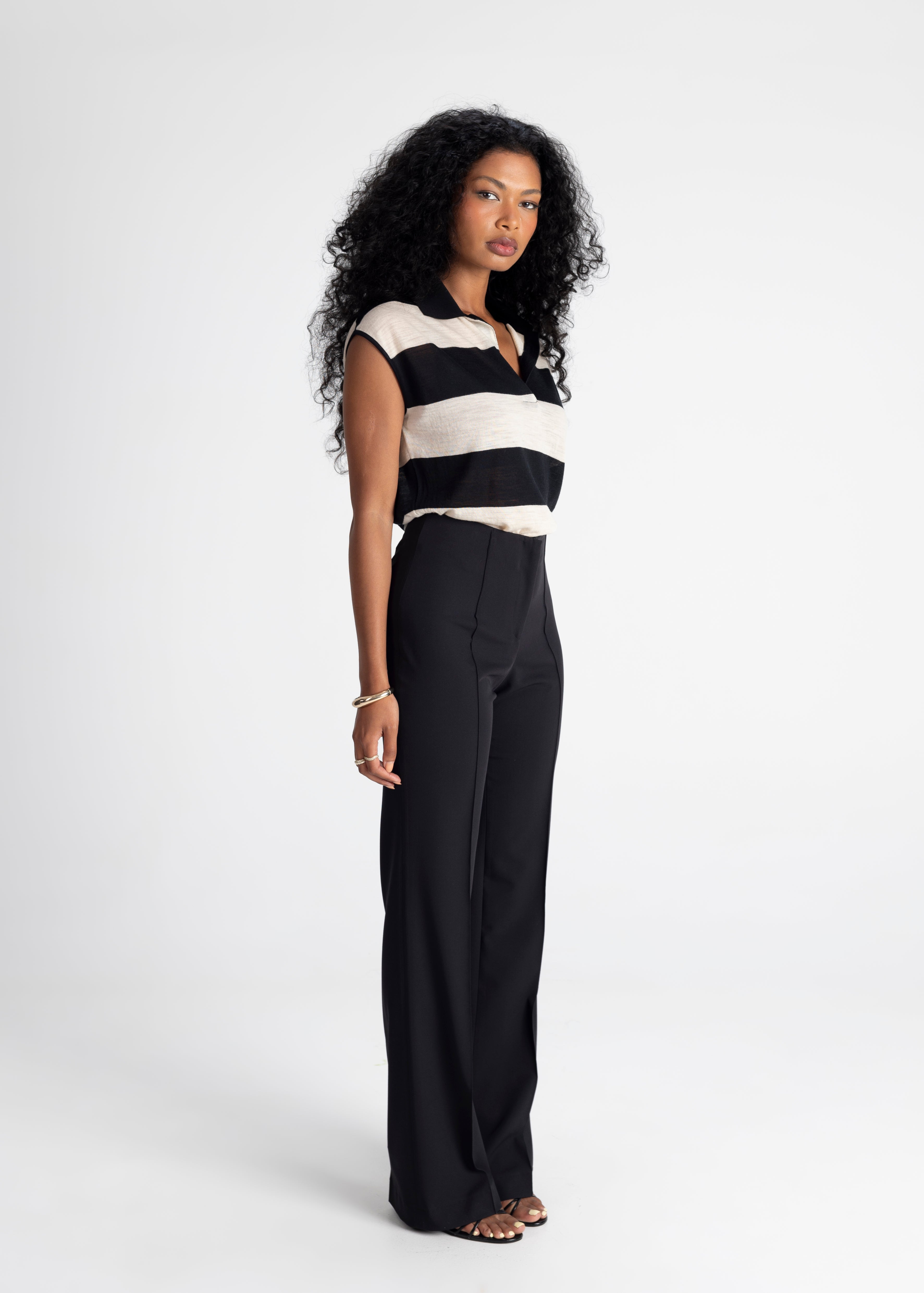 Sleeveless Wool Polo Top - Stripes