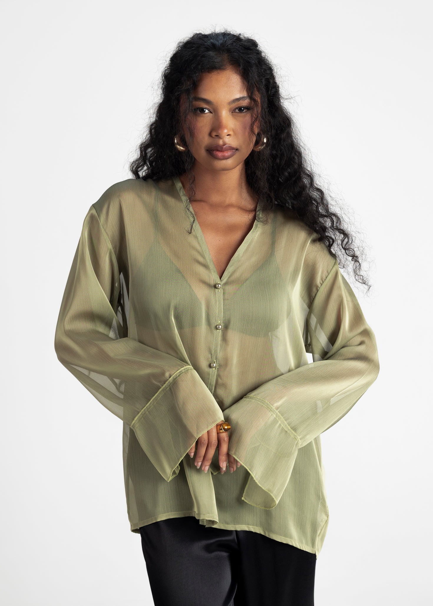 Haze Sheer Button-Up Blouse - Green