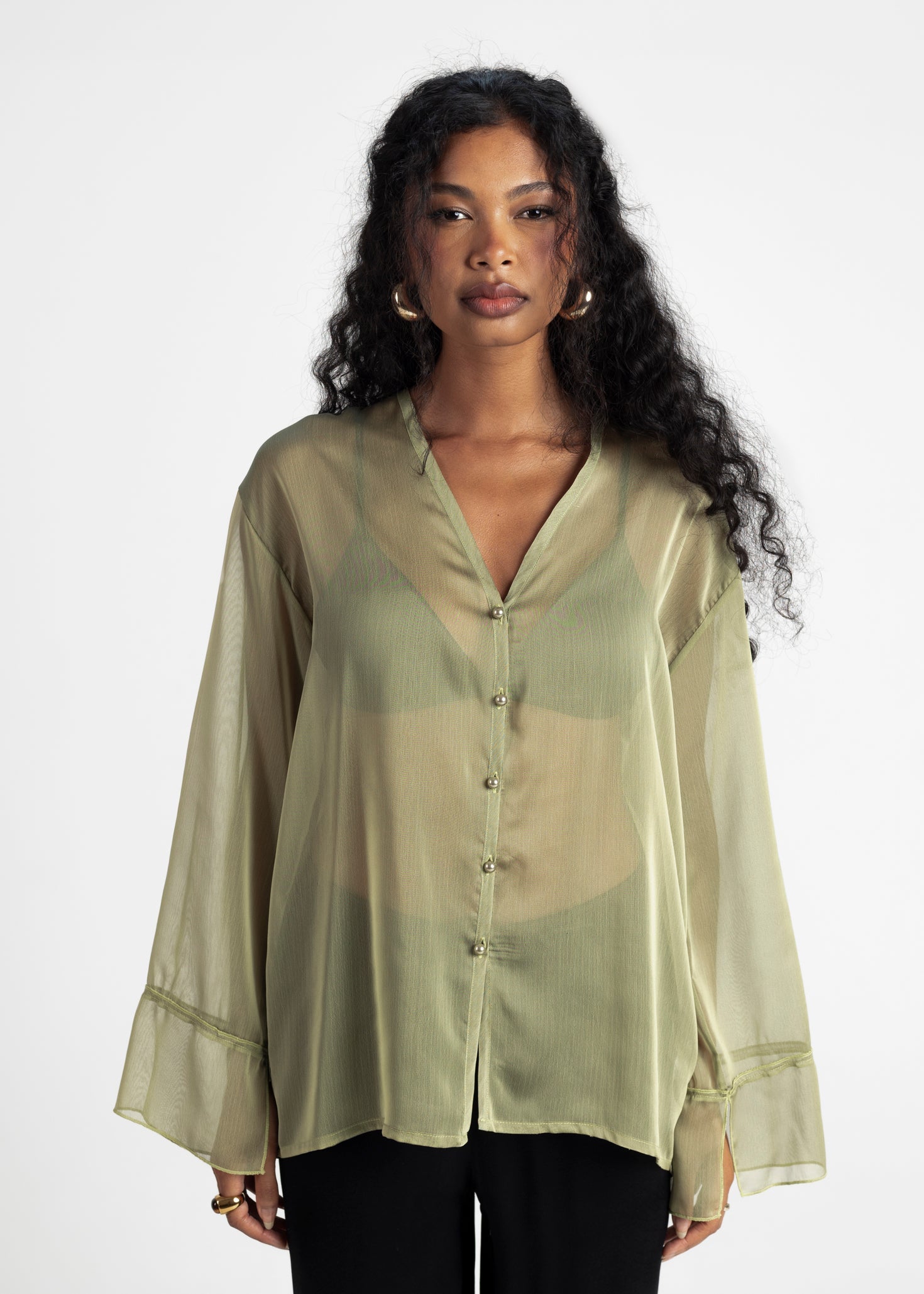 Haze Sheer Button-Up Blouse - Green