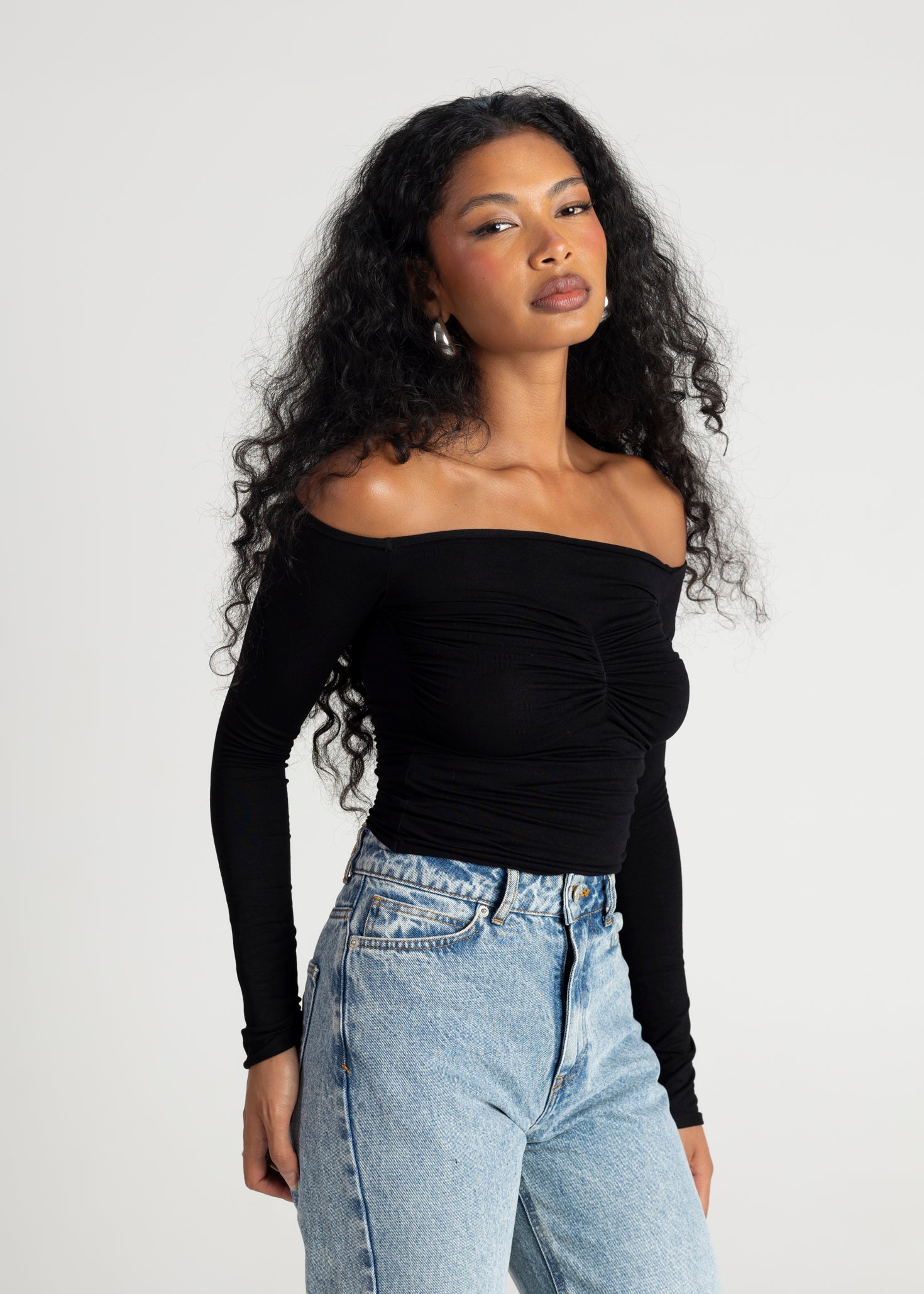 Women’s Off-Shoulder Pleated Top – Sculpted Long Sleeve Fit