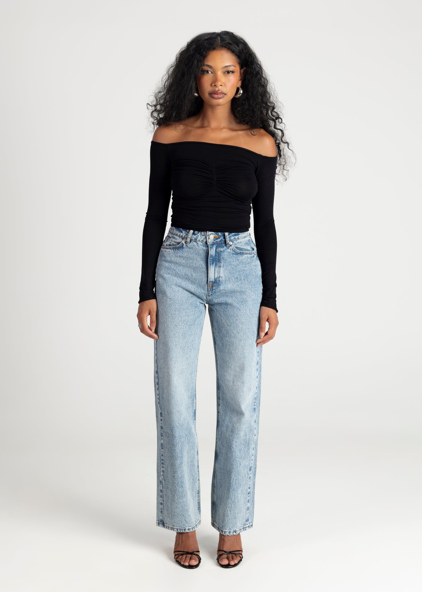 Women’s Off-Shoulder Pleated Top – Sculpted Long Sleeve Fit