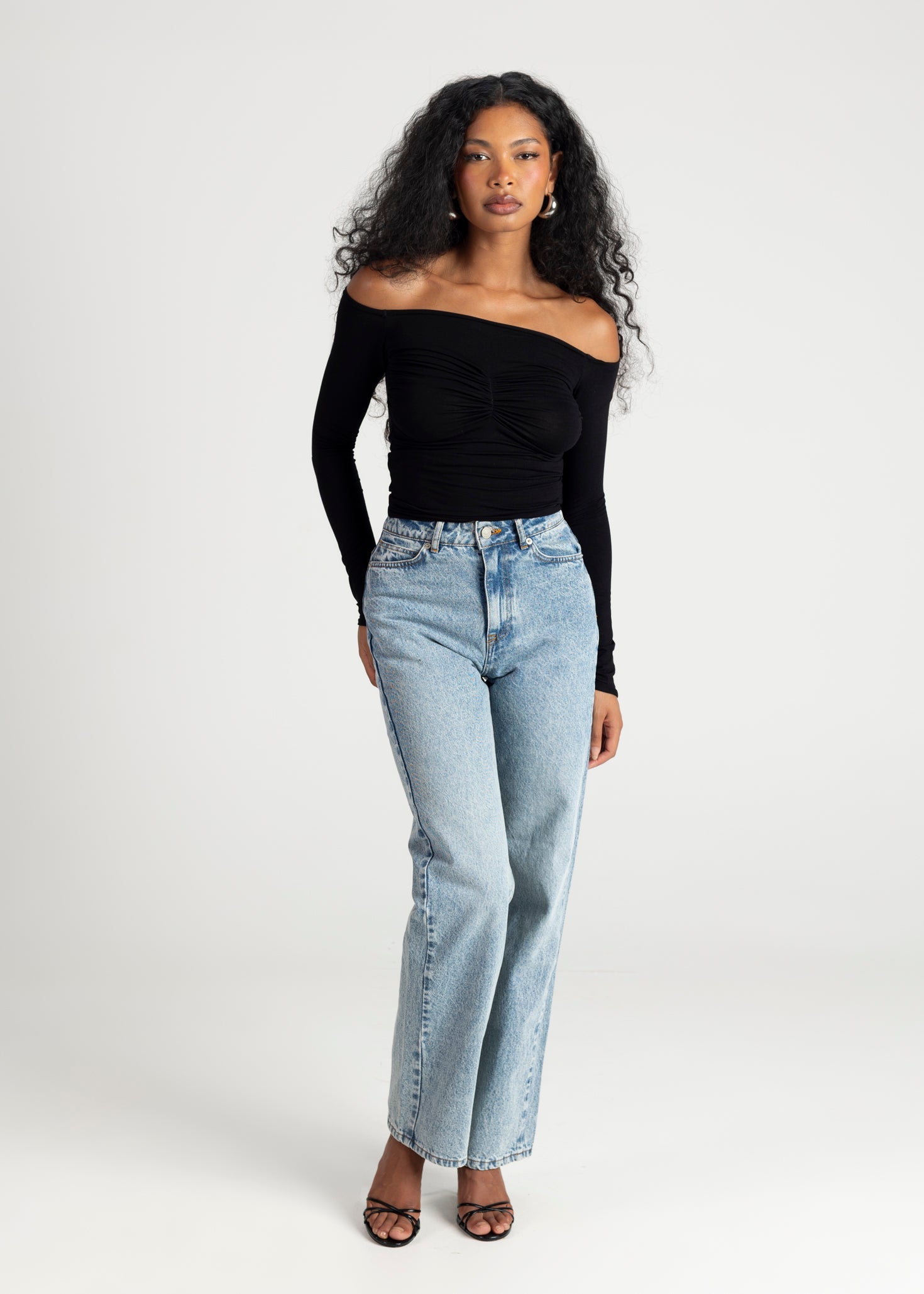 Women’s Off-Shoulder Pleated Top – Sculpted Long Sleeve Fit