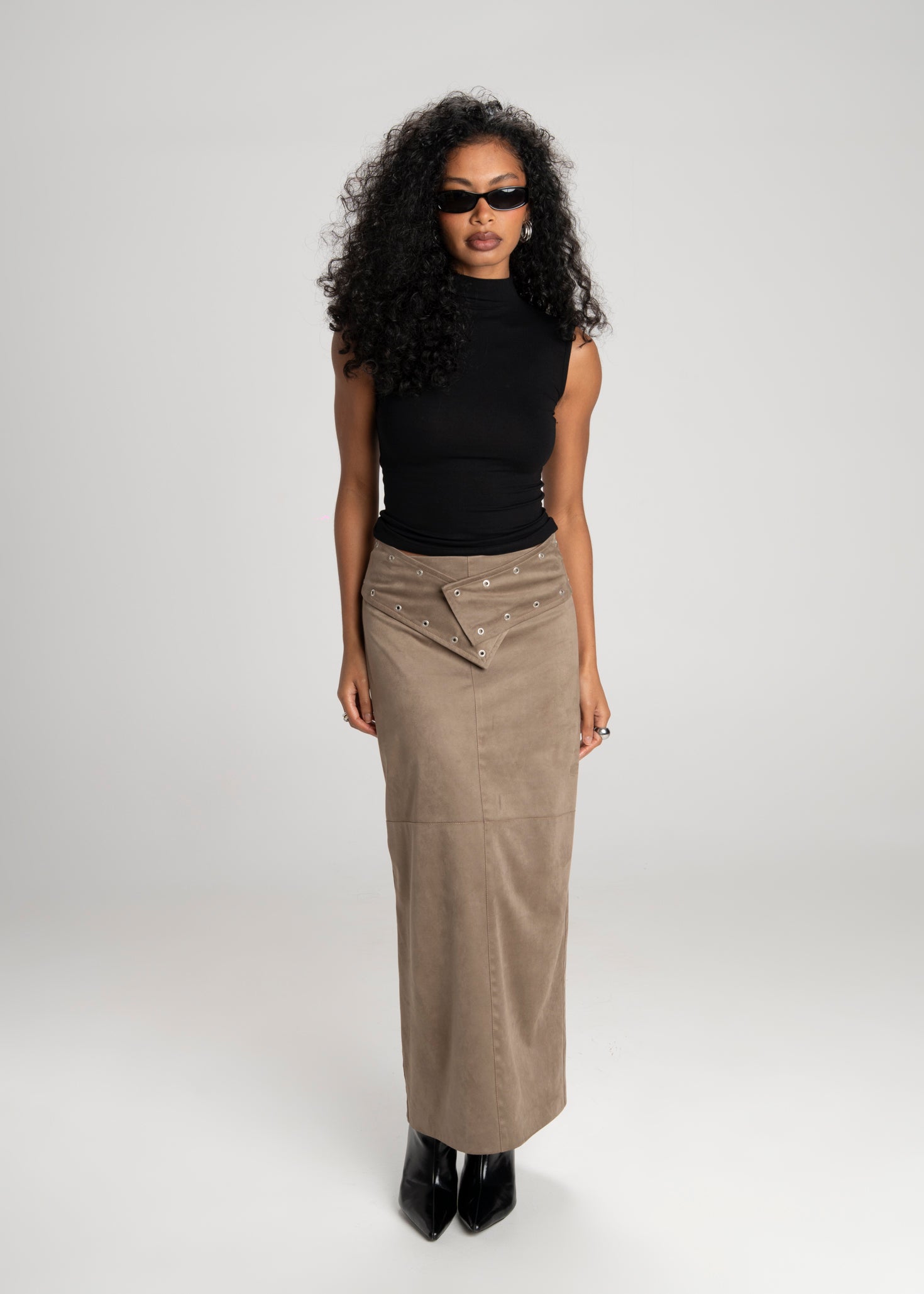 Mora Suede Maxi Mid-Waist Skirt With Belt