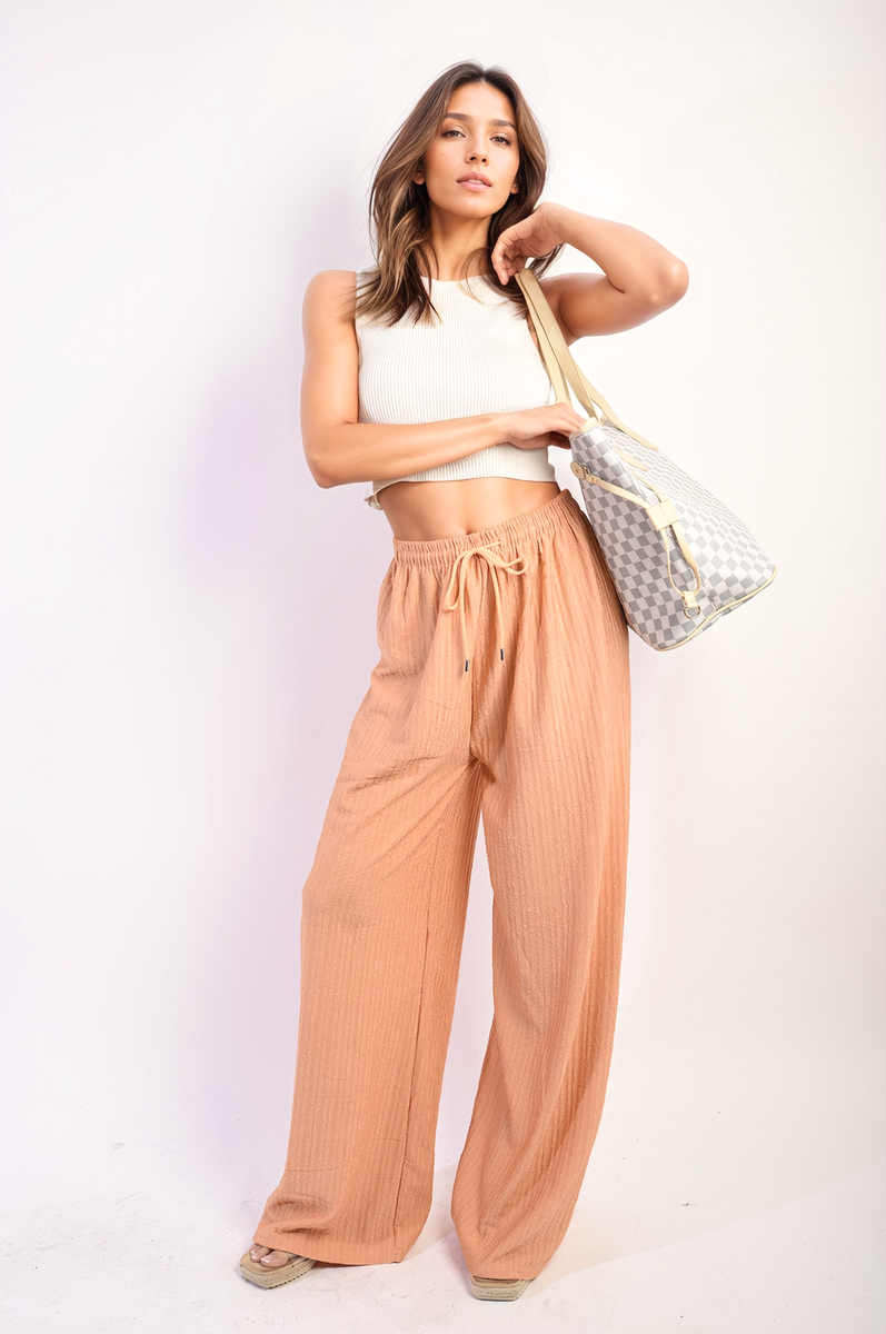 Clara Textured Wide Leg Drawstring Trousers – Effortless Style & Comfort