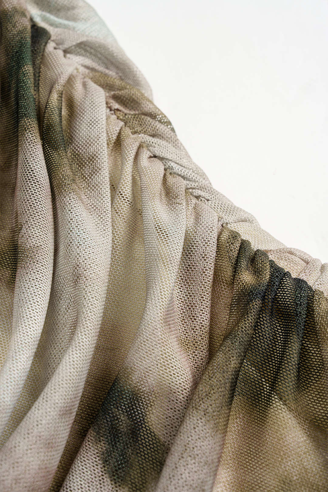 Abstract Print Mesh Off Shoulder Ruched Asymmetrical Long-Sleeve Top 