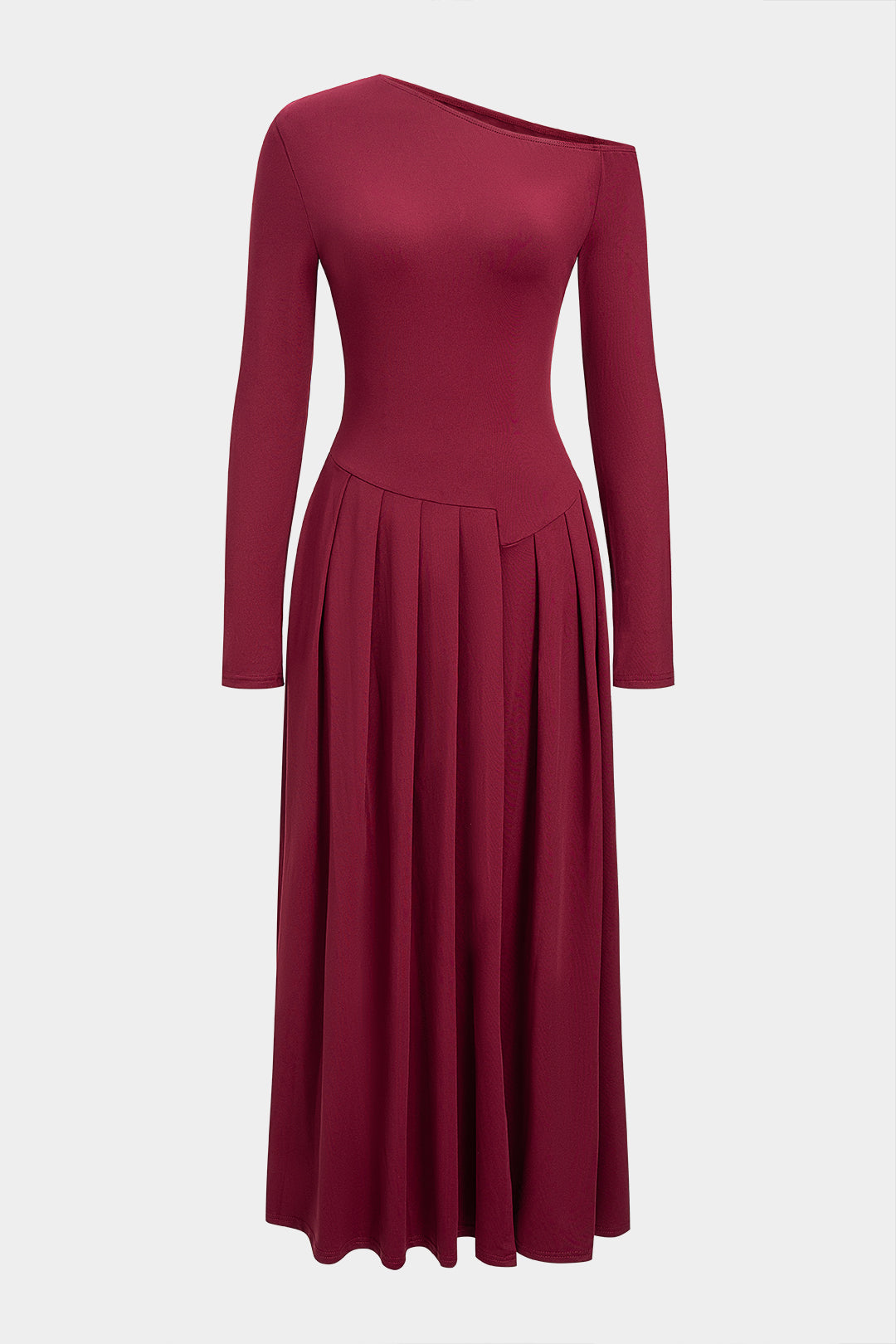 Asymmetrical Shoulder Pleated Long Sleeve Maxi Dress 