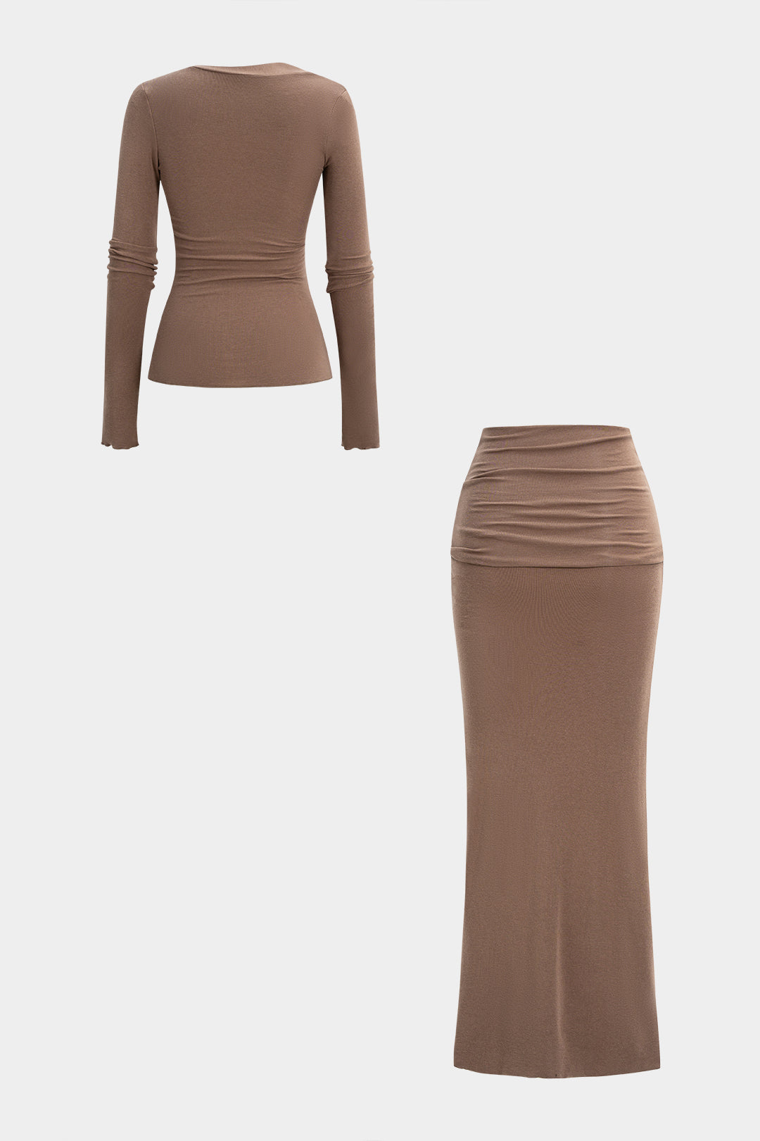 Asymmetrical Neck Ruched Long-Sleeve Top And High Waist Skirt Set