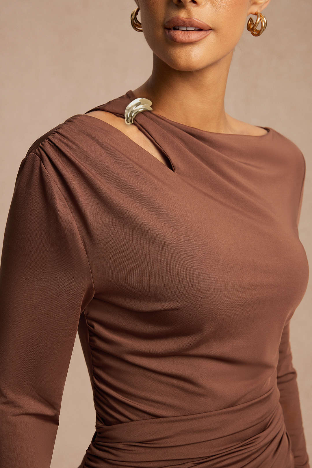 Asymmetrical Neck Ruched Long Sleeve Mini Dress 