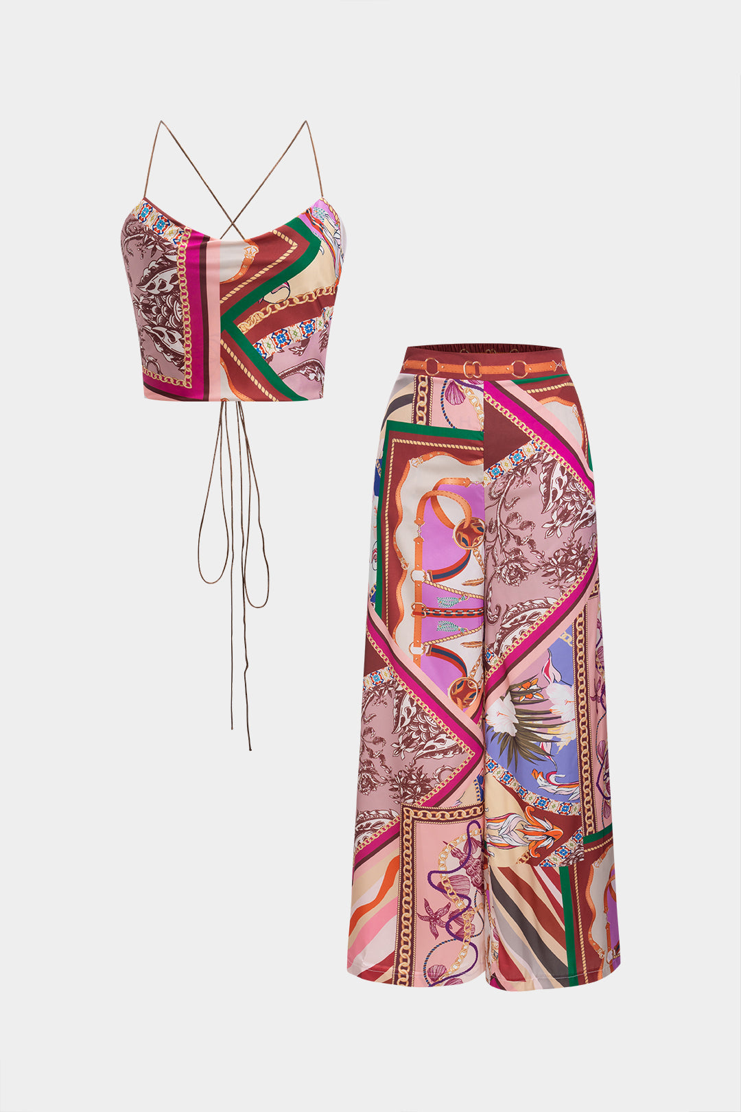 Abstract print backless tie-up top and pants set 