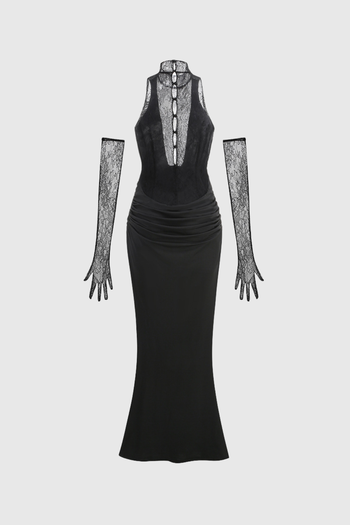 Darleen Cowl Neck Ruch Lace Maxi Dress In Black