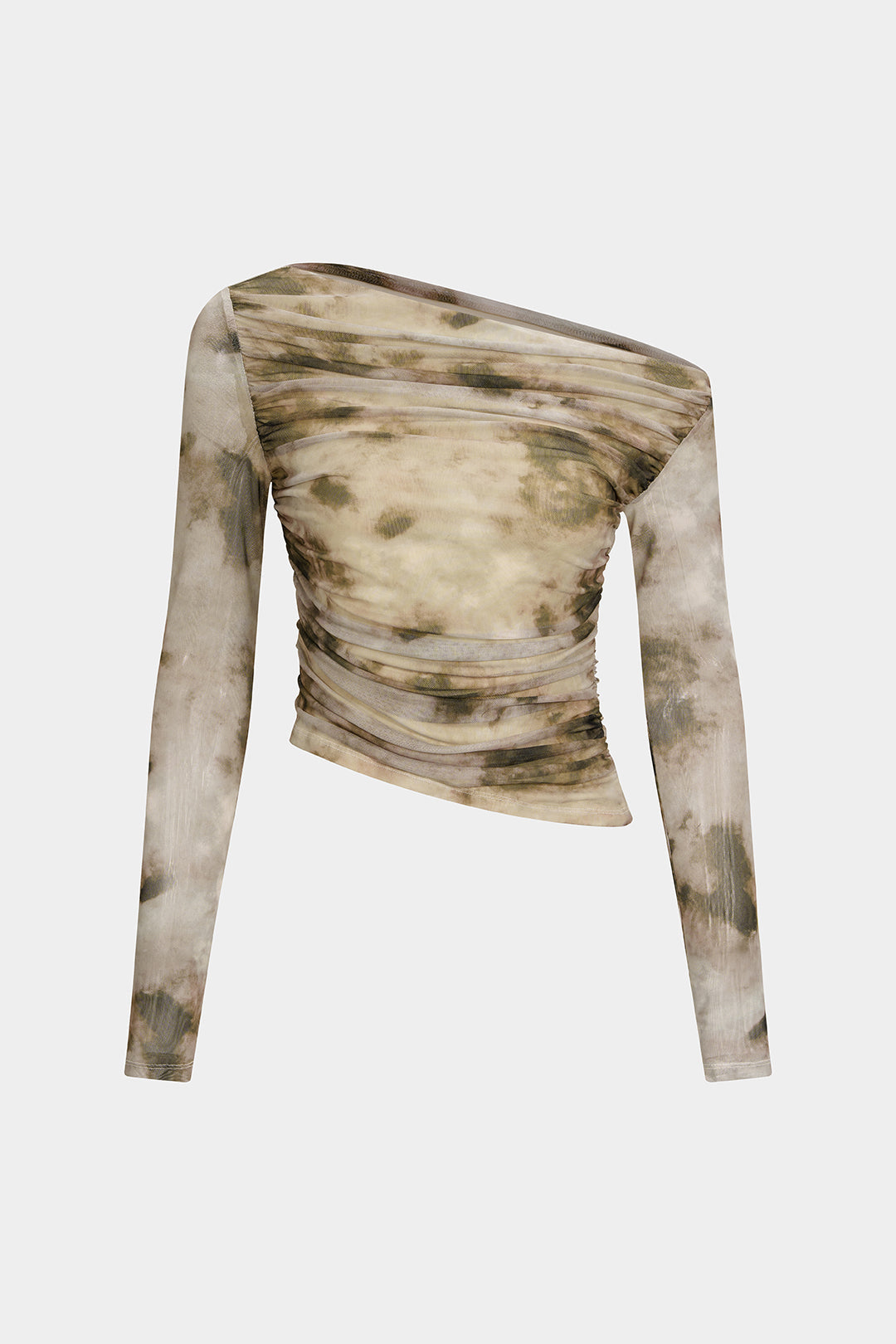 Abstract Print Mesh Off Shoulder Ruched Asymmetrical Long-Sleeve Top 