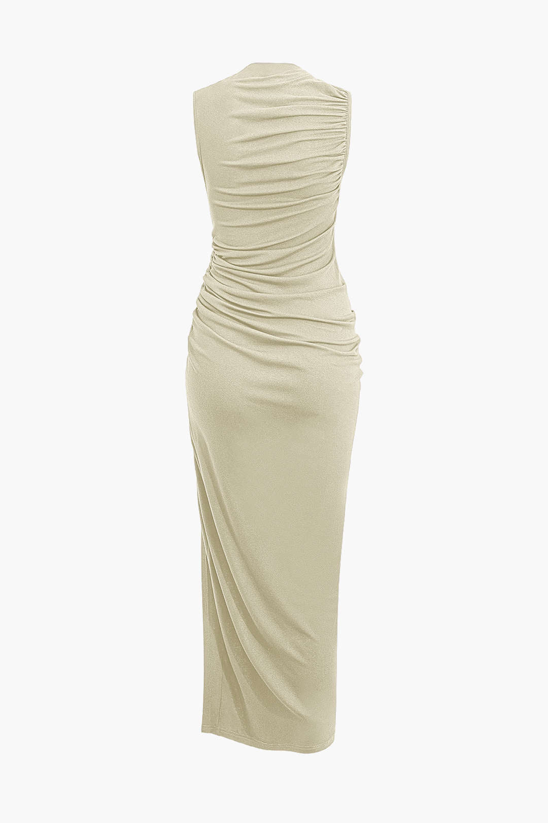 Asymmetric sleeveless maxi dress with ruffles and a drawstring slit 
