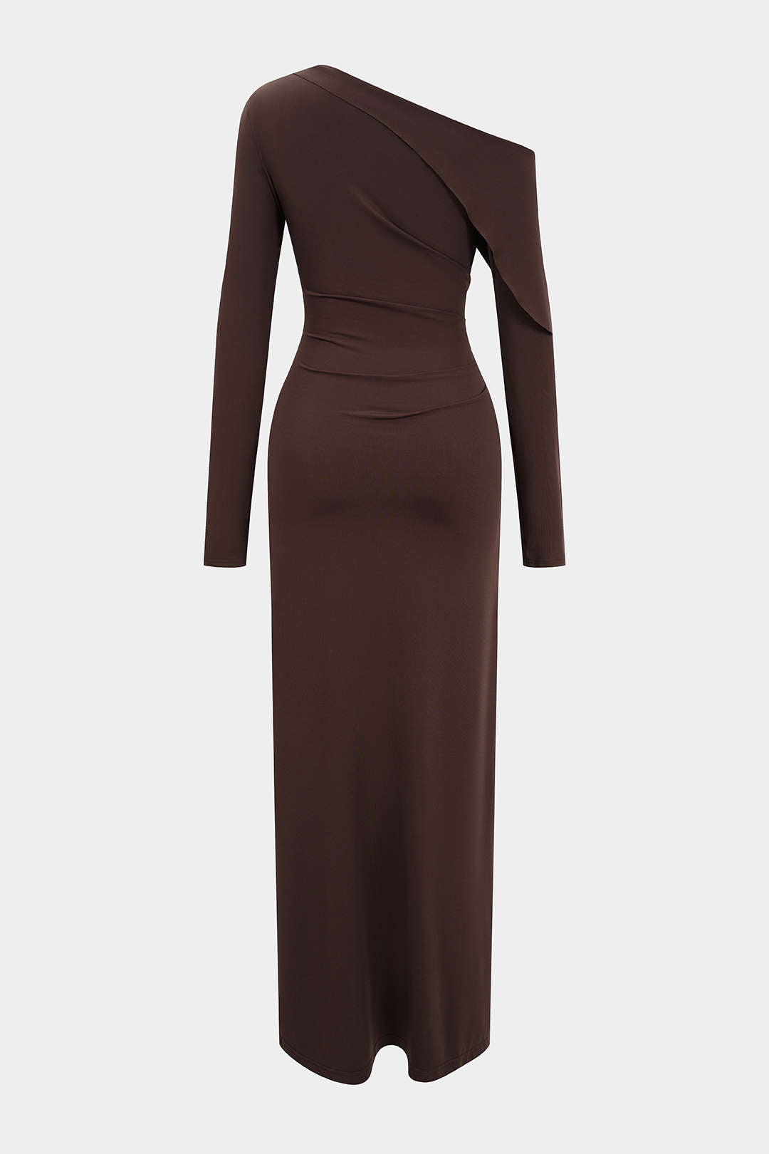Asymmetrical Neck Ruched Long-Sleeve Maxi Dress 