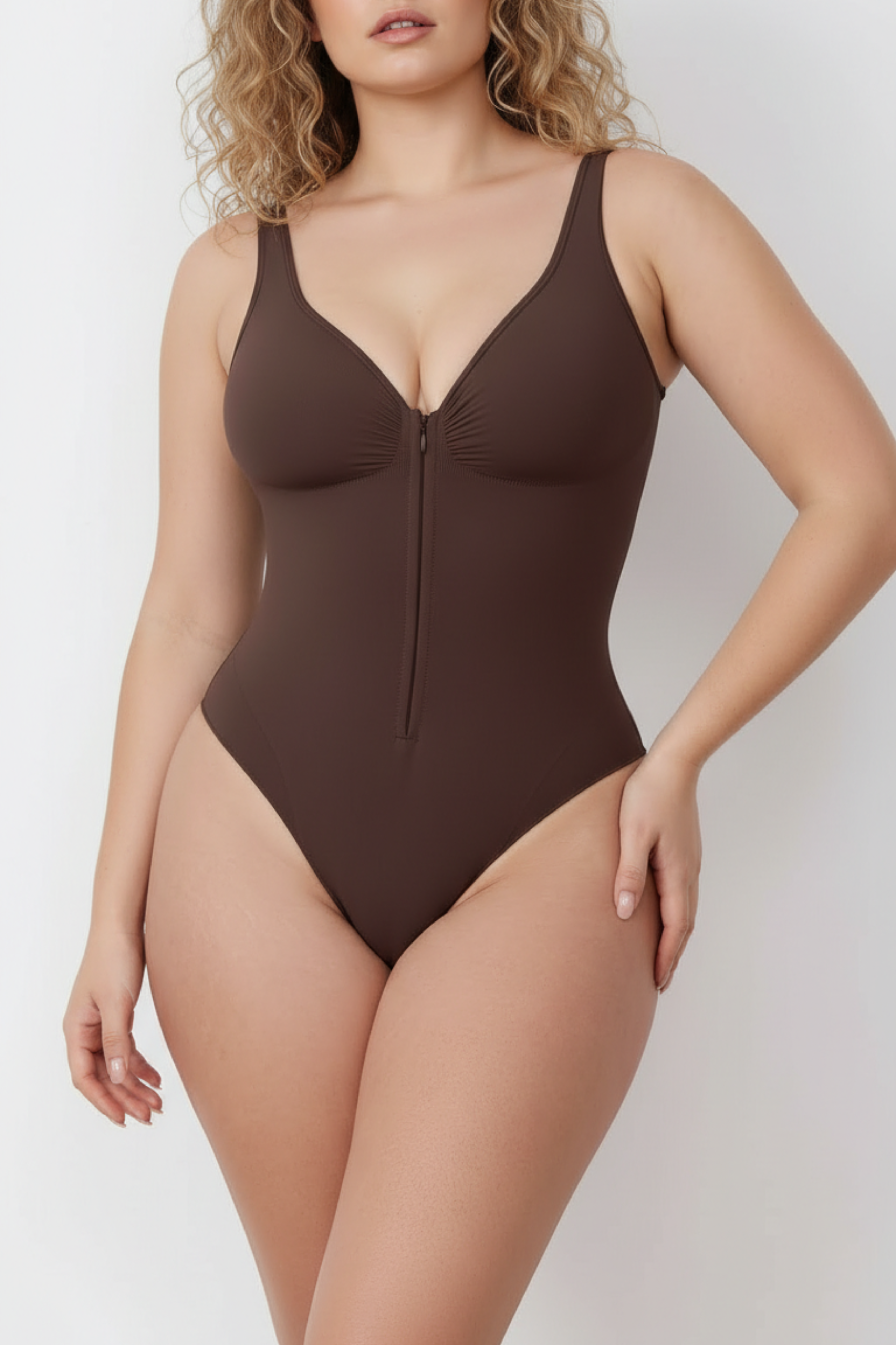 Brown Zipper Sculpt Bodysuit Shapewear