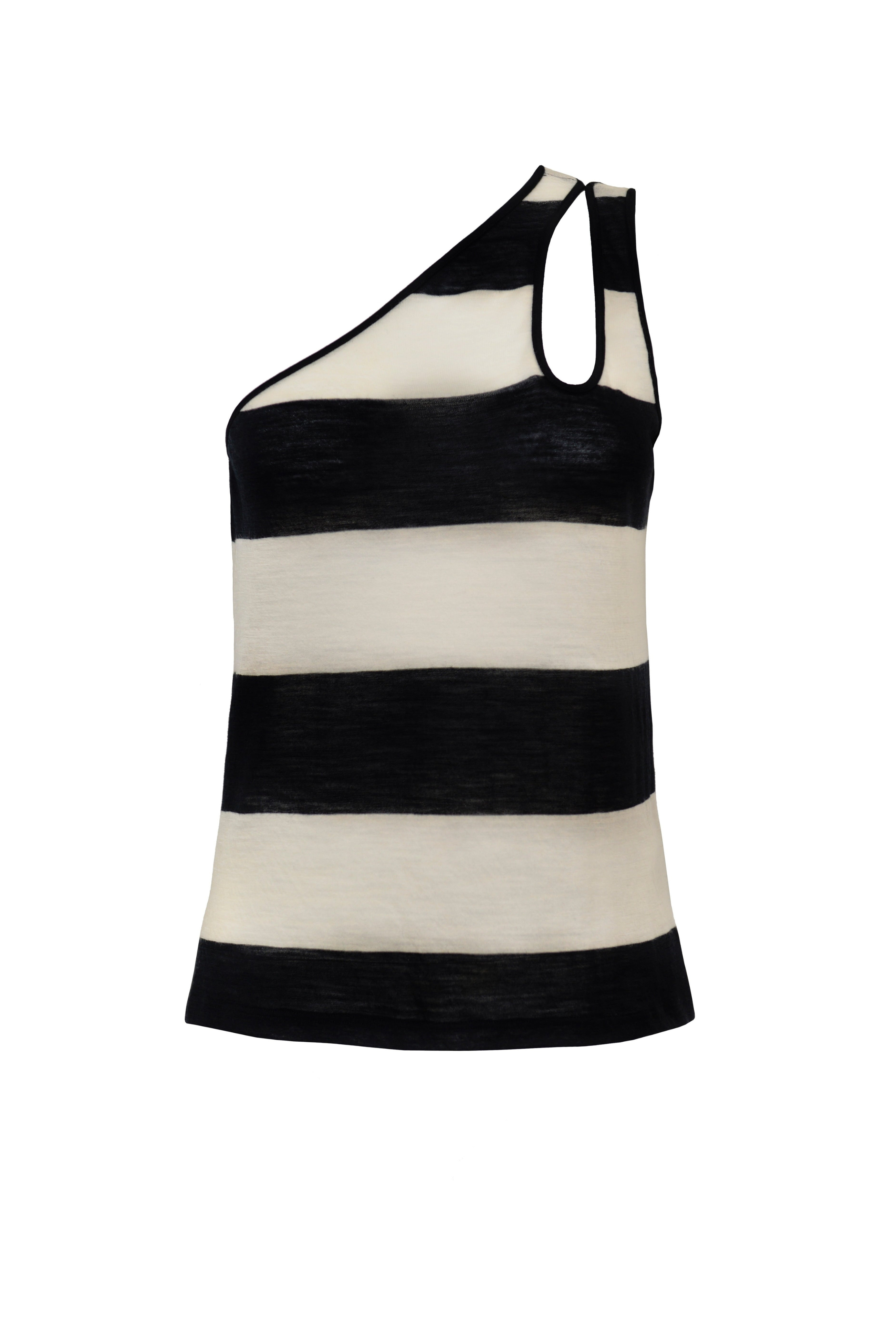 Women’s Asymmetric One-Shoulder Striped Wool Top – Teardrop Cutout with Relaxed Fit