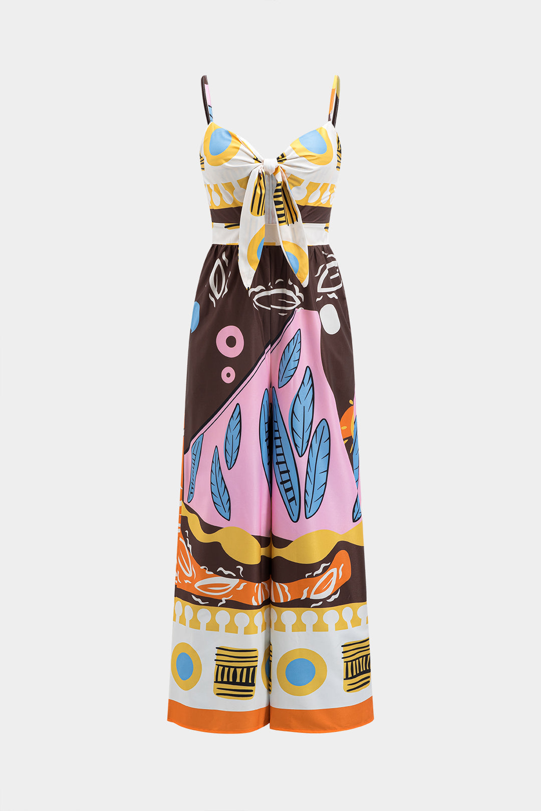 Abstract print ruffle tie front slip jumpsuit 