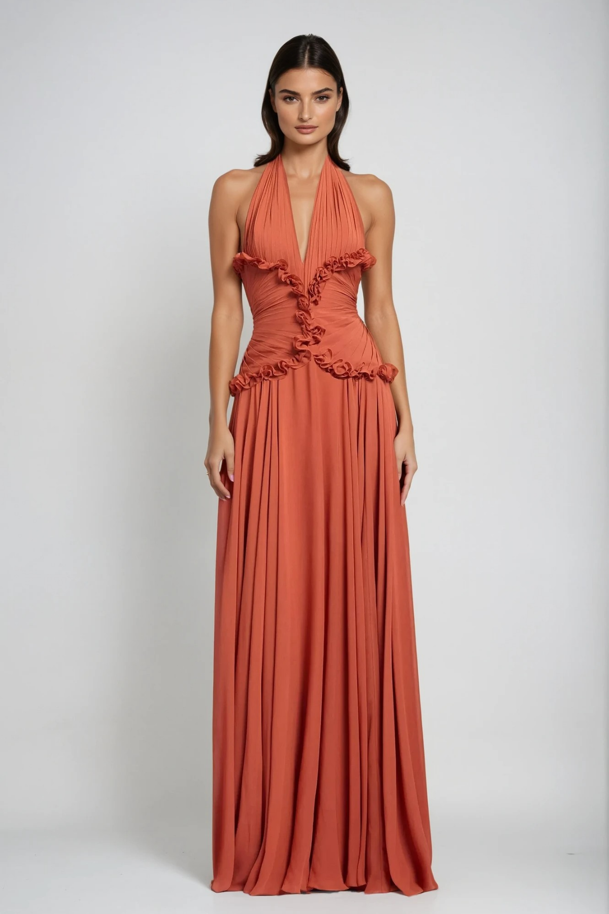 Dekel Halter Neck Ruffle Maxi Dress In Orange