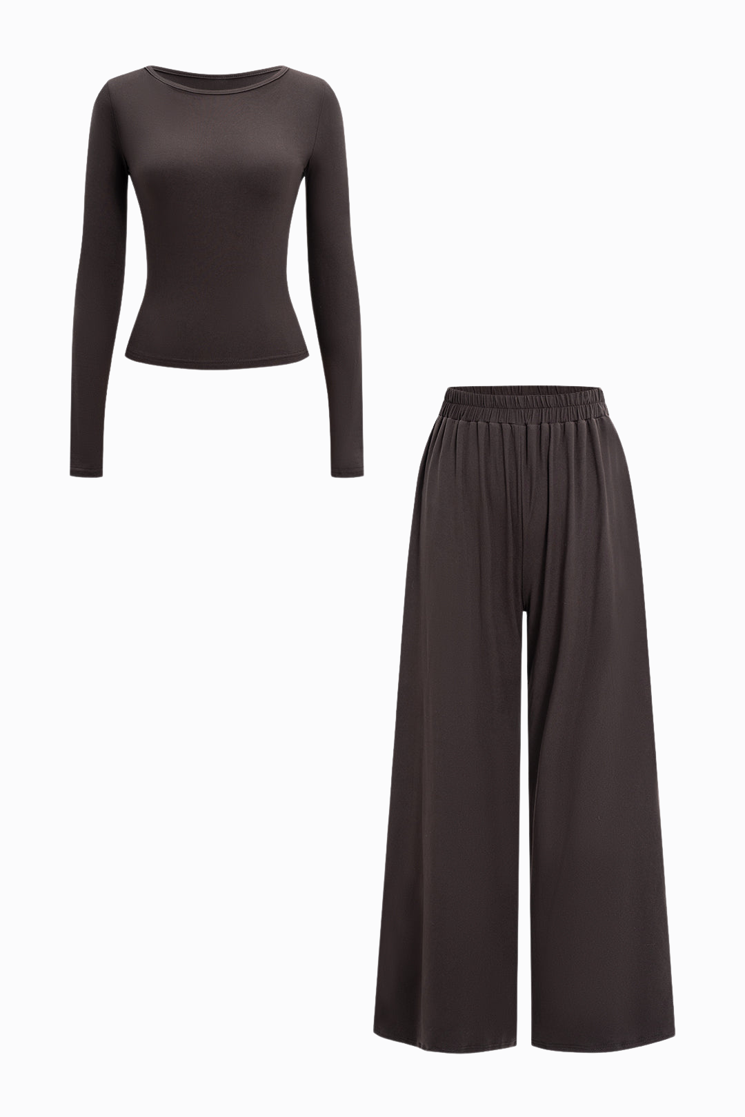 Basic Round Neck Long-Sleeve Top And Shirred Waistband Wide Leg Pants Set 