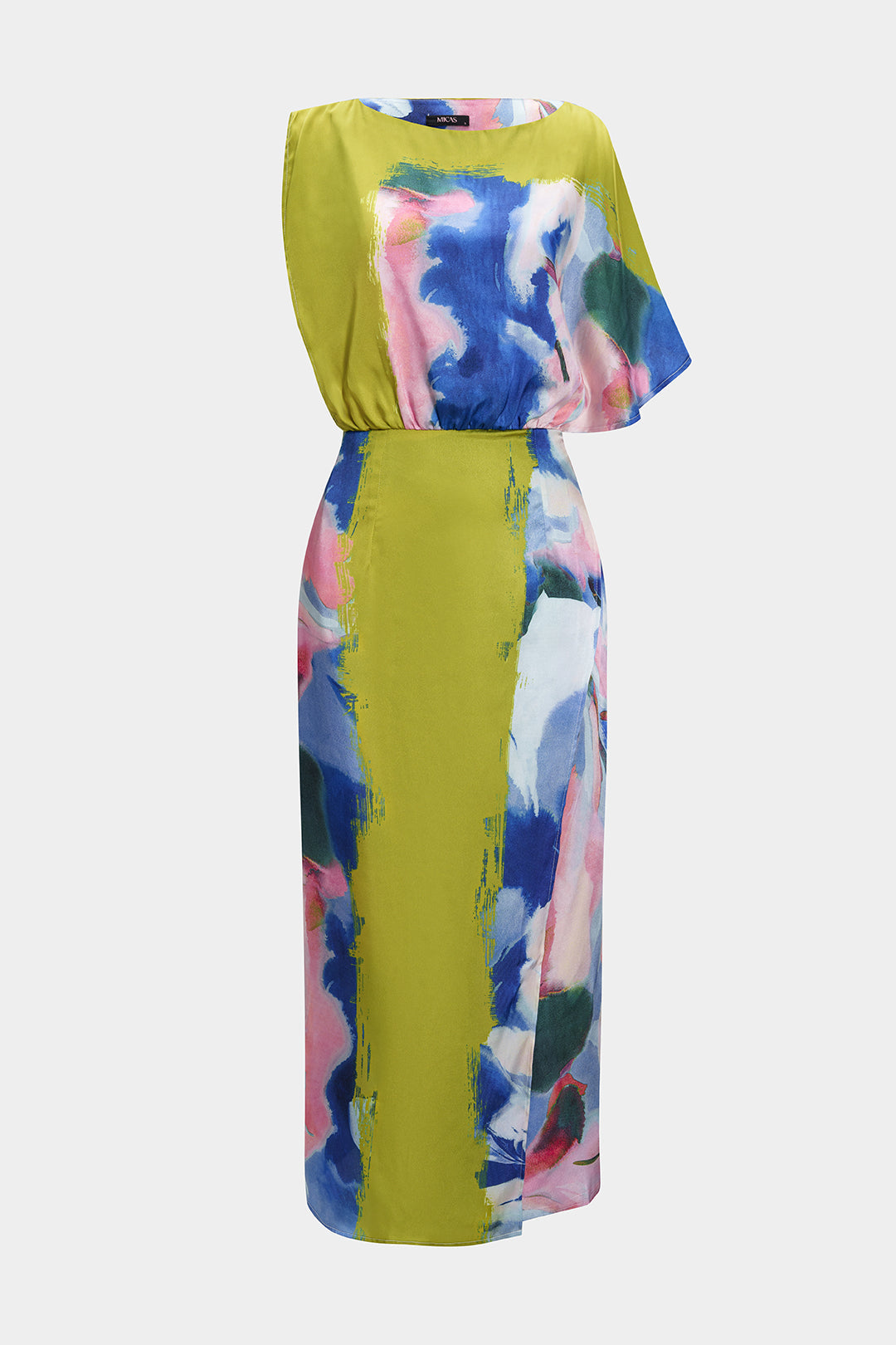 Abstract print satin asymmetric maxi dress with short sleeves 