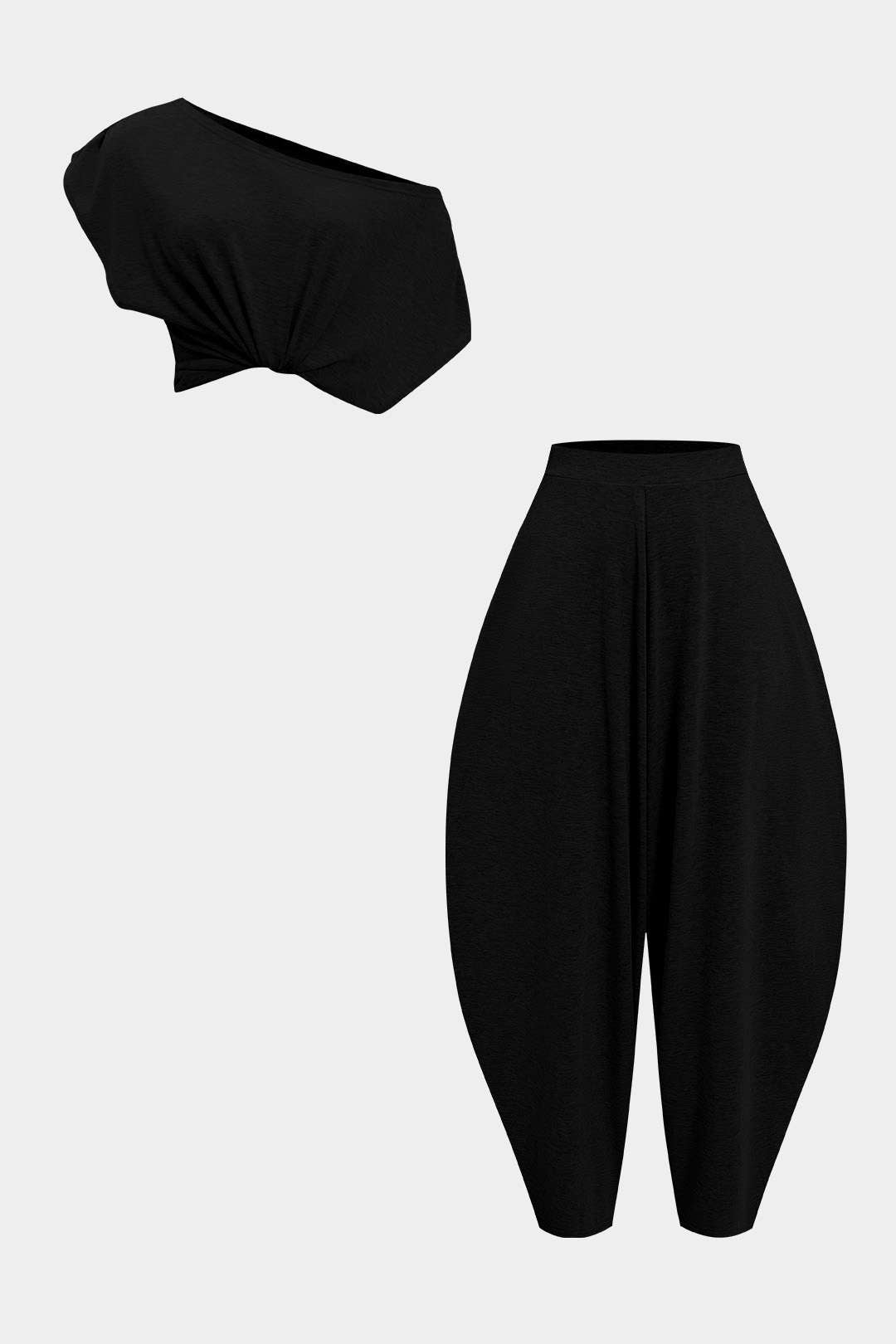 Asymmetric top and barrel trouser set 