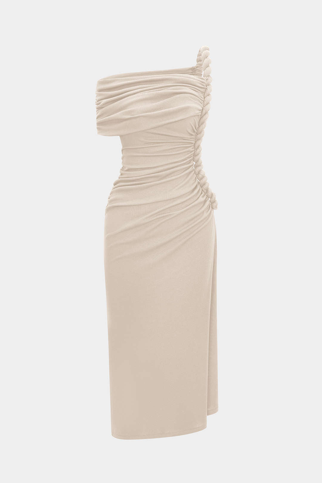 Asymmetrical Shoulder Ruched Twist Knot Sleeveless Maxi Dress 